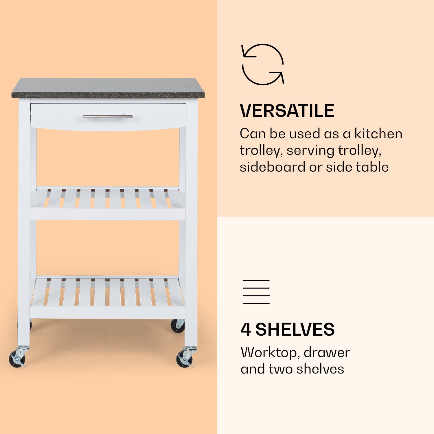 Klarstein Tennessee, servírovací vozík, kuchynský vozík, 4 poschodia, drevo, žula, mobilný