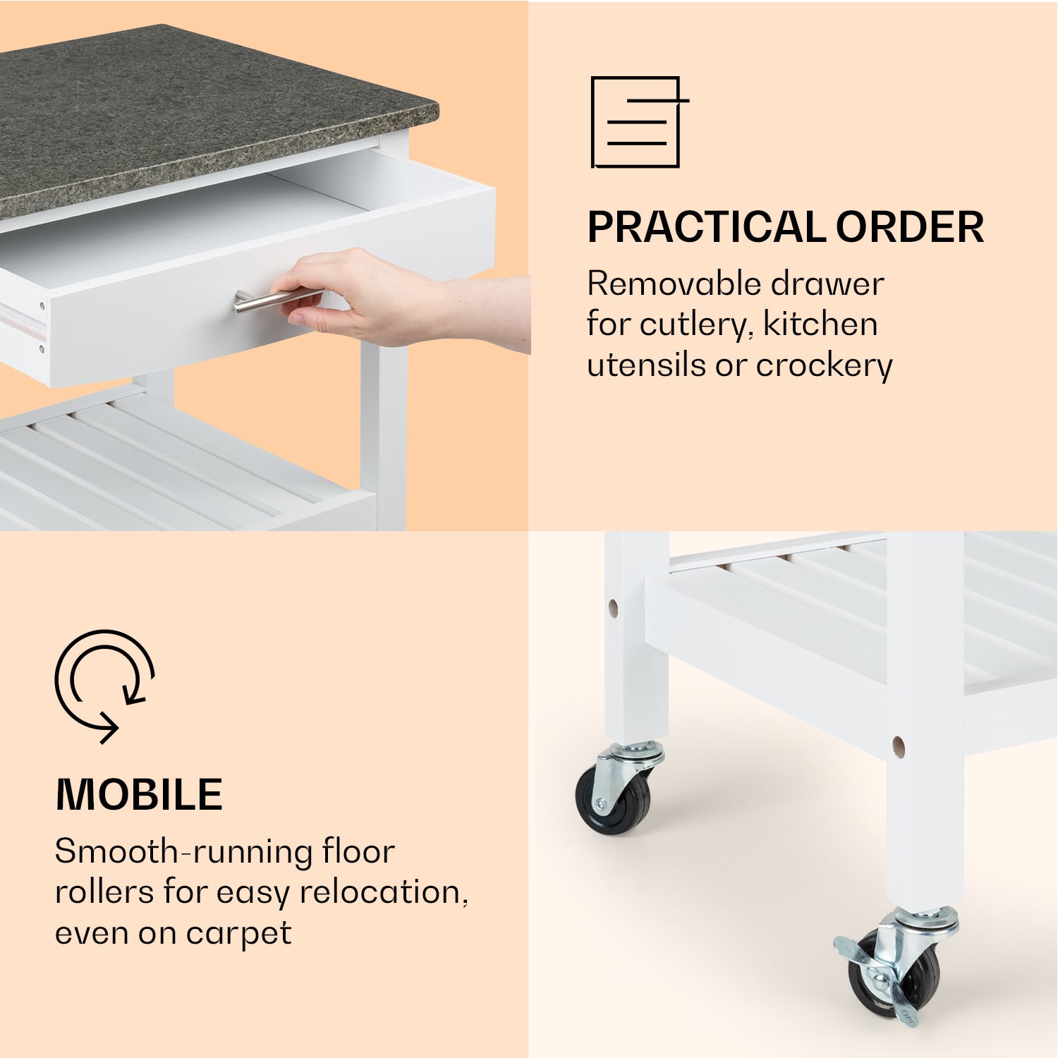 Klarstein Tennessee, servírovací vozík, kuchynský vozík, 4 poschodia, drevo, žula, mobilný – Obrázok 2