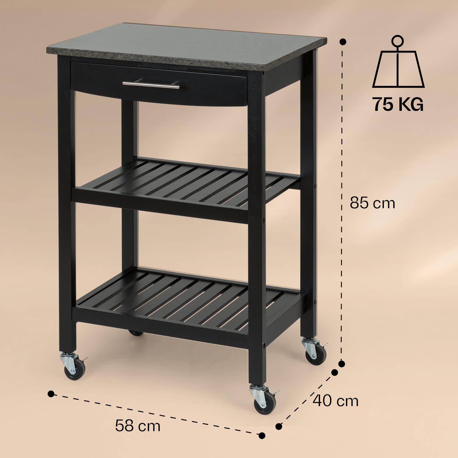 Klarstein Tennessee, servírovací vozík, kuchynský vozík, 4 poschodia, drevo, žula, mobilný – Obrázok 3