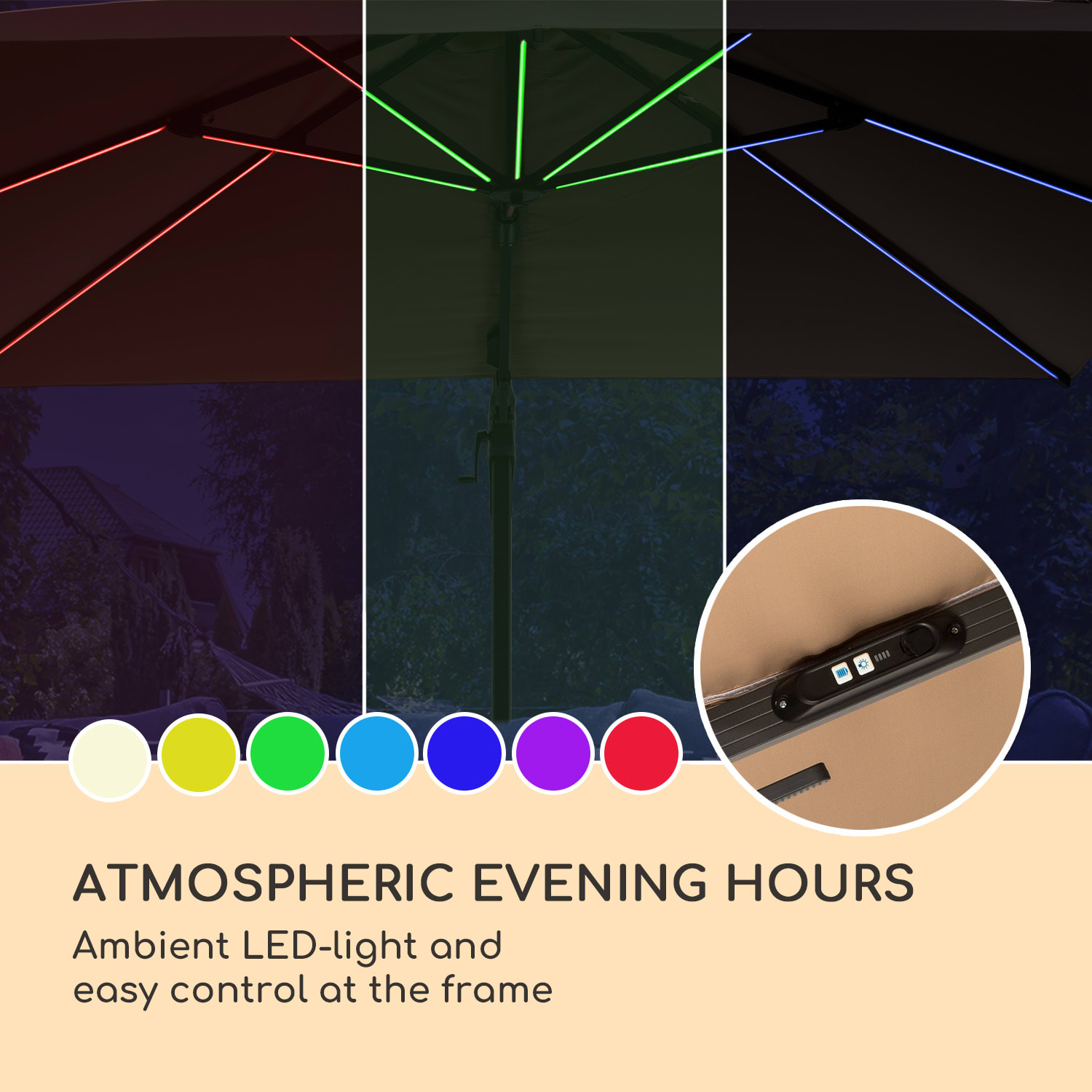 Blumfeldt Arles, slnečník, 300 x 300 cm, polyester, UV 50+, vodoodpudivý, LED svetlo