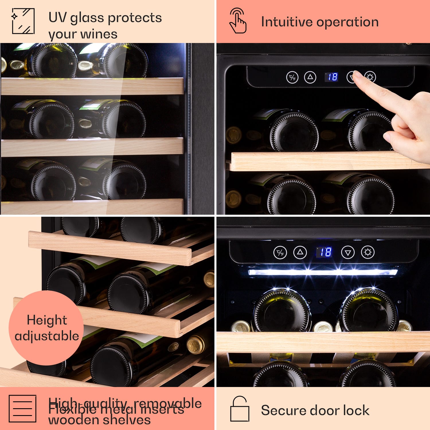 Klarstein Vinovilla 29 Built-In, vstavaná vinotéka, 81 l, 29 fliaš, 1 zóna, sklenené dvierka, nehrdzavejúca oceľ – Obrázok 2