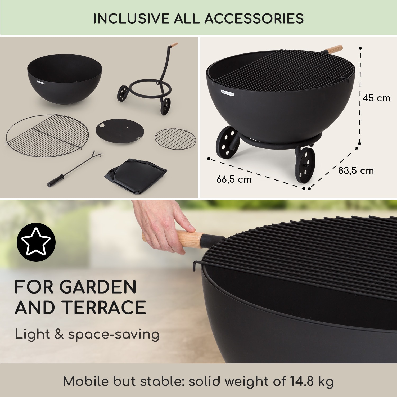 Blumfeldt Fireball Egon, ohnisko, oceľ, do záhrady alebo na terasu, Ø 66 cm, kryt na gril – Obrázok 2