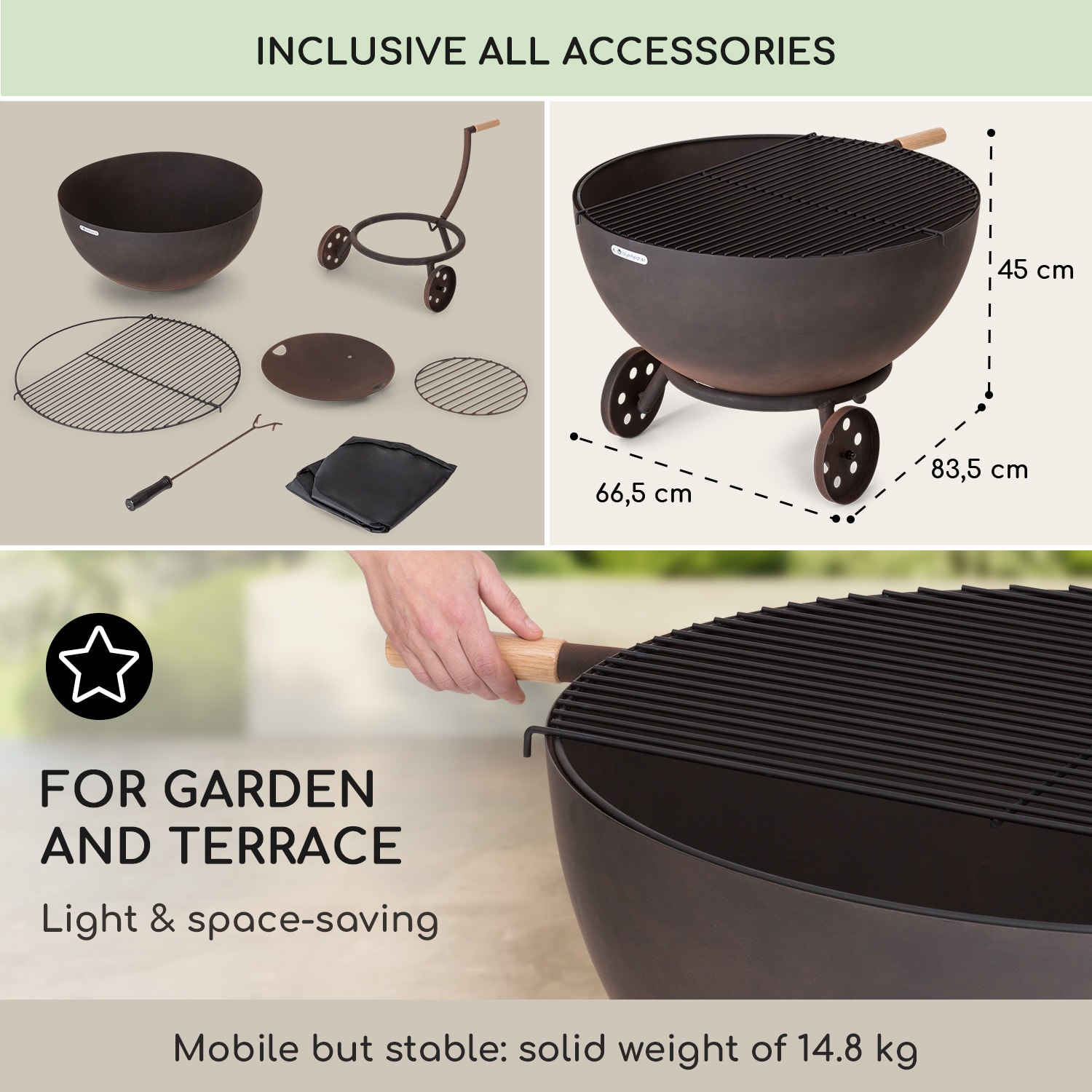 Blumfeldt Fireball Egon, ohnisko, oceľ, do záhrady alebo na terasu, Ø 66 cm, kryt na gril – Obrázok 2