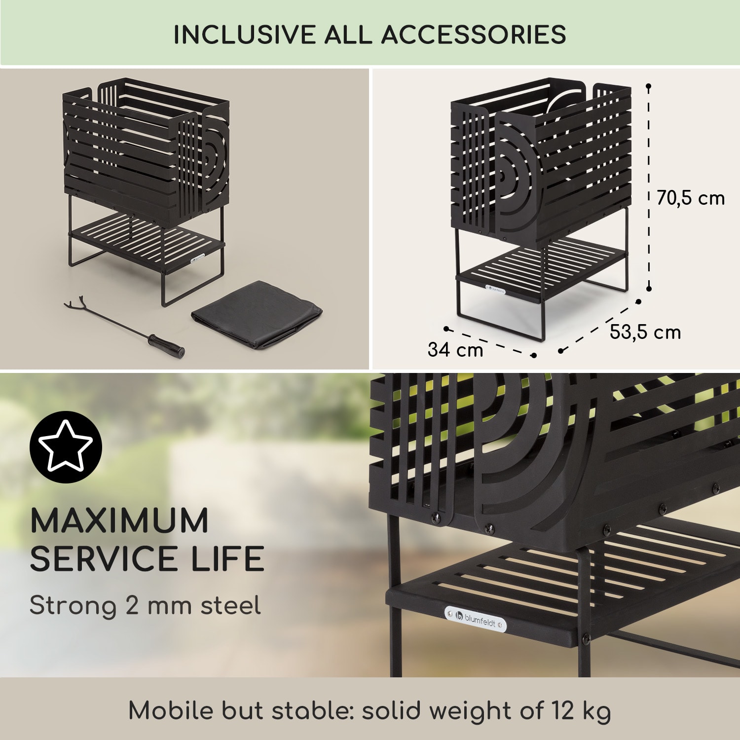 Blumfeldt Krakatoa, ohnisko, pevná oceľ, odkladací priestor na drevo, laserom rezaný dizajn