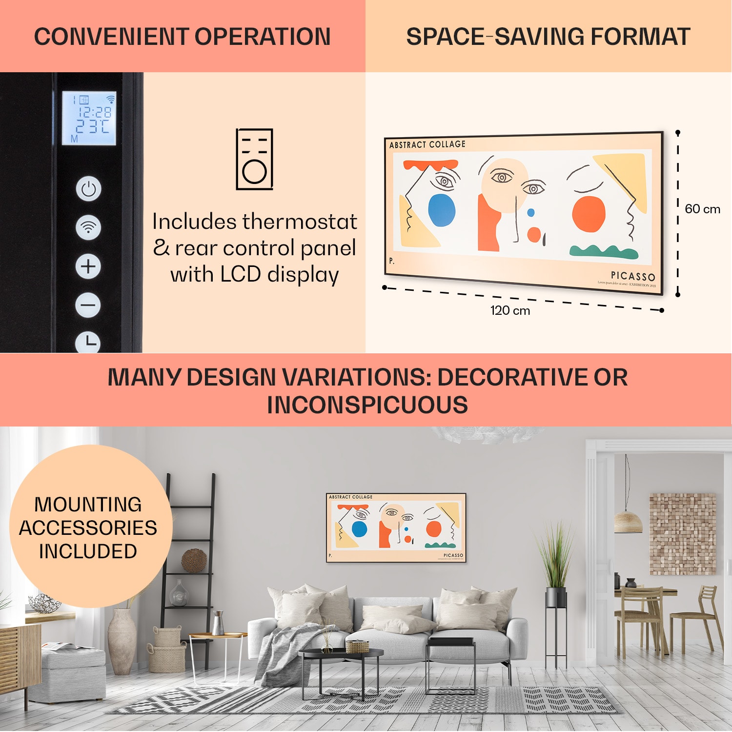 Klarstein Wonderwall Air Art, infračervený smart ohrievač, 60 x 120 cm, 700 W, nástenná inštalácia, aplikácia, abstrakt – Obrázok 3