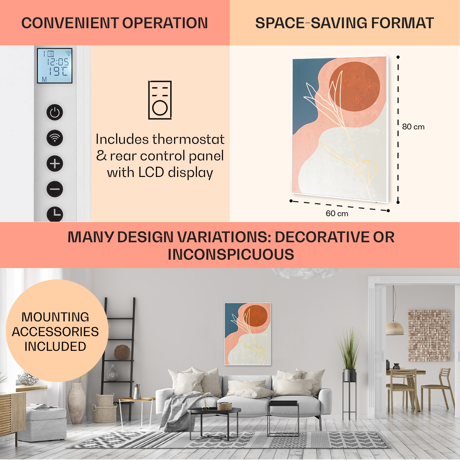 Klarstein Wonderwall Air Art, infračervený smart ohrievač, 60 x 80 cm, 500 W, nástenná inštalácia, aplikácia, zlaté linky – Obrázok 2