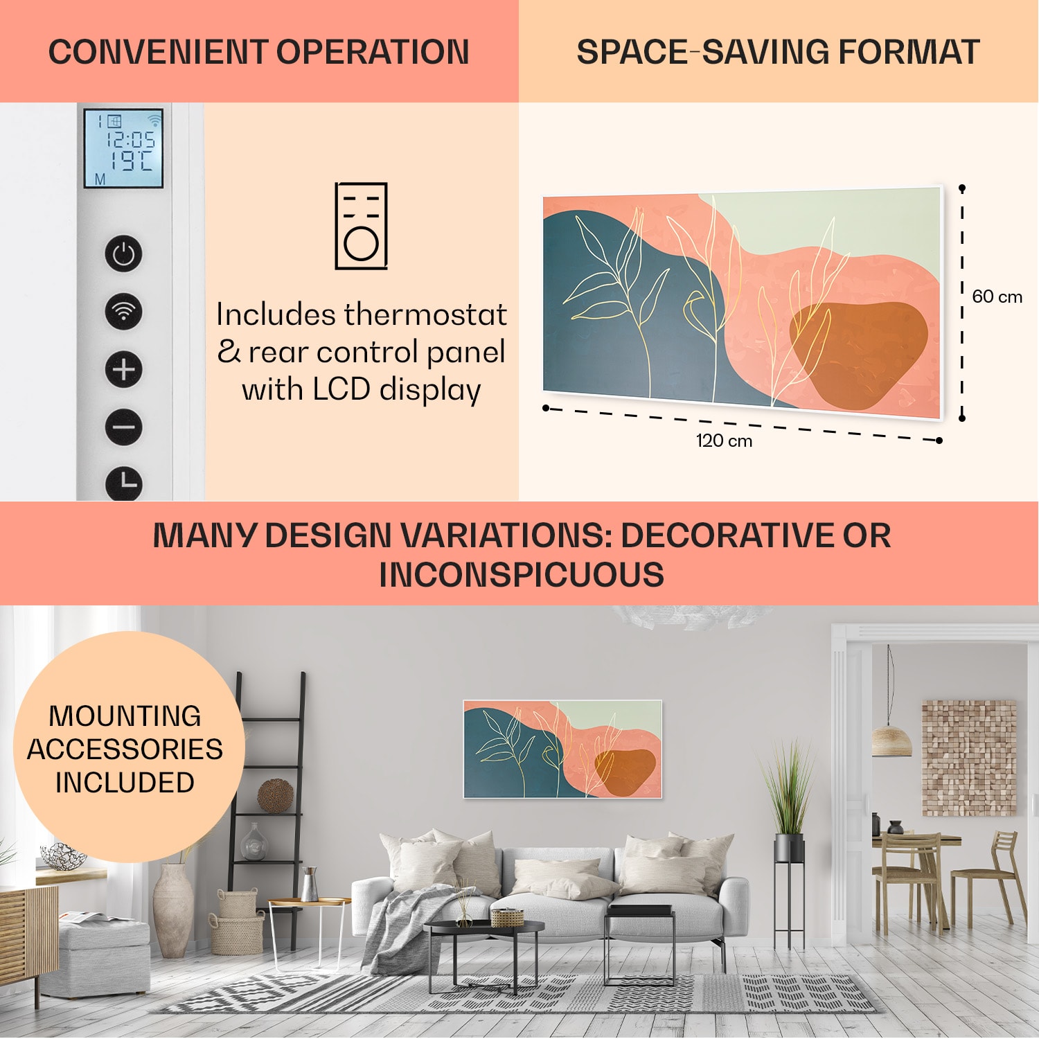 Klarstein Wonderwall Air Art, infračervený smart ohrievač, 60 x 120 cm, 700 W, nástenná inštalácia, aplikácia, zlaté linky – Obrázok 3