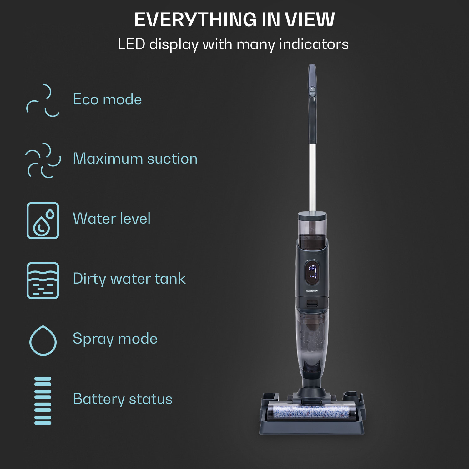 Klarstein Caswell Plus, bezdrôtový, akumulátorový, LED displej, na mokré a suché vysávanie – Obrázok 2