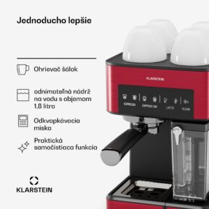 Klarstein 1,8 l kávovar s napeňovačom mlieka, 20 barový pákový kávovar, malý kávovar na mletú kávu s výkonom 1350 W, baristický kávovar na ľadovú kávu cappuccino latte espresso
