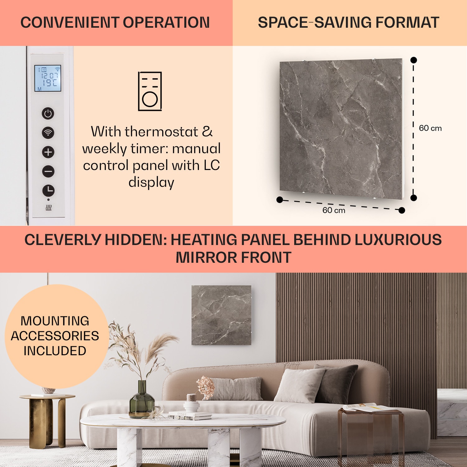 Klarstein Wonderwall Santorini Smart, infračervený ohrievač, 60 x 60 cm, 500 W, týždenný časovač, IP24 – Obrázok 3