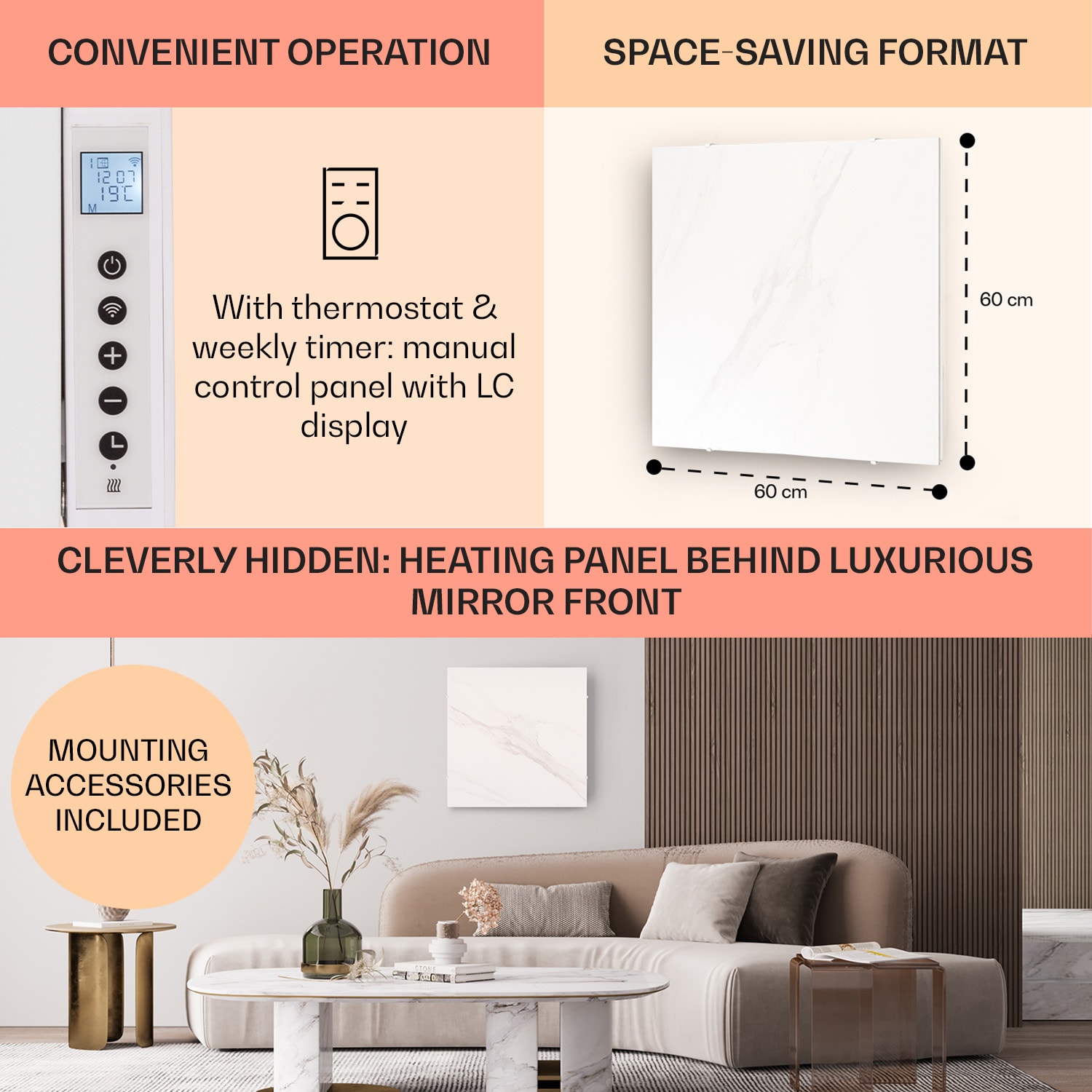 Klarstein Wonderwall Santorini Smart, infračervený ohrievač, 60 x 60 cm, 500 W, týždenný časovač, IP24 – Obrázok 3