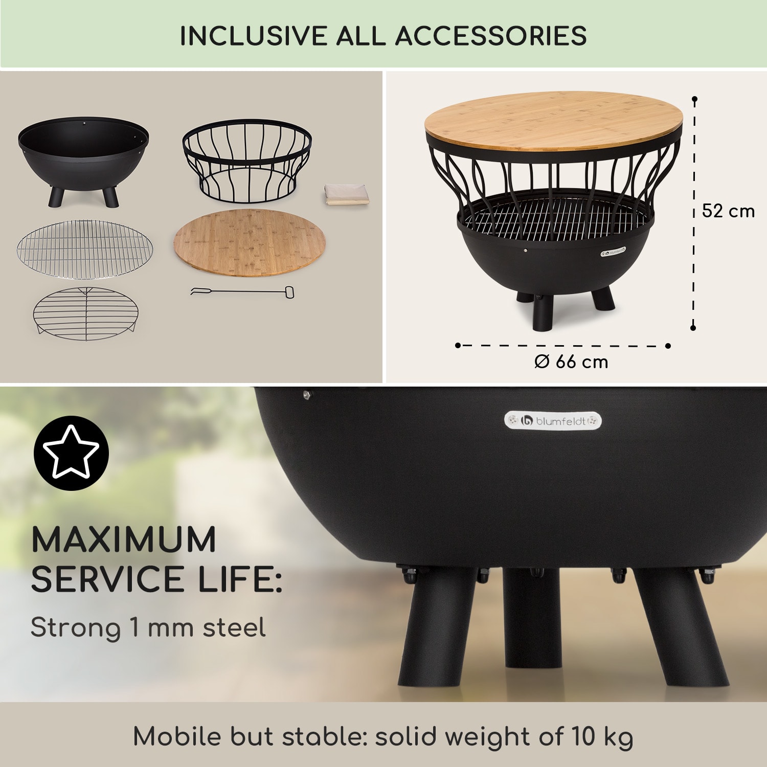 Blumfeldt Nantai, ohnisko s grilom a stolom 3 v 1, Ø 66 cm, grilovací rošt Ø 50 cm, oceľ, bambusová doska – Obrázok 2