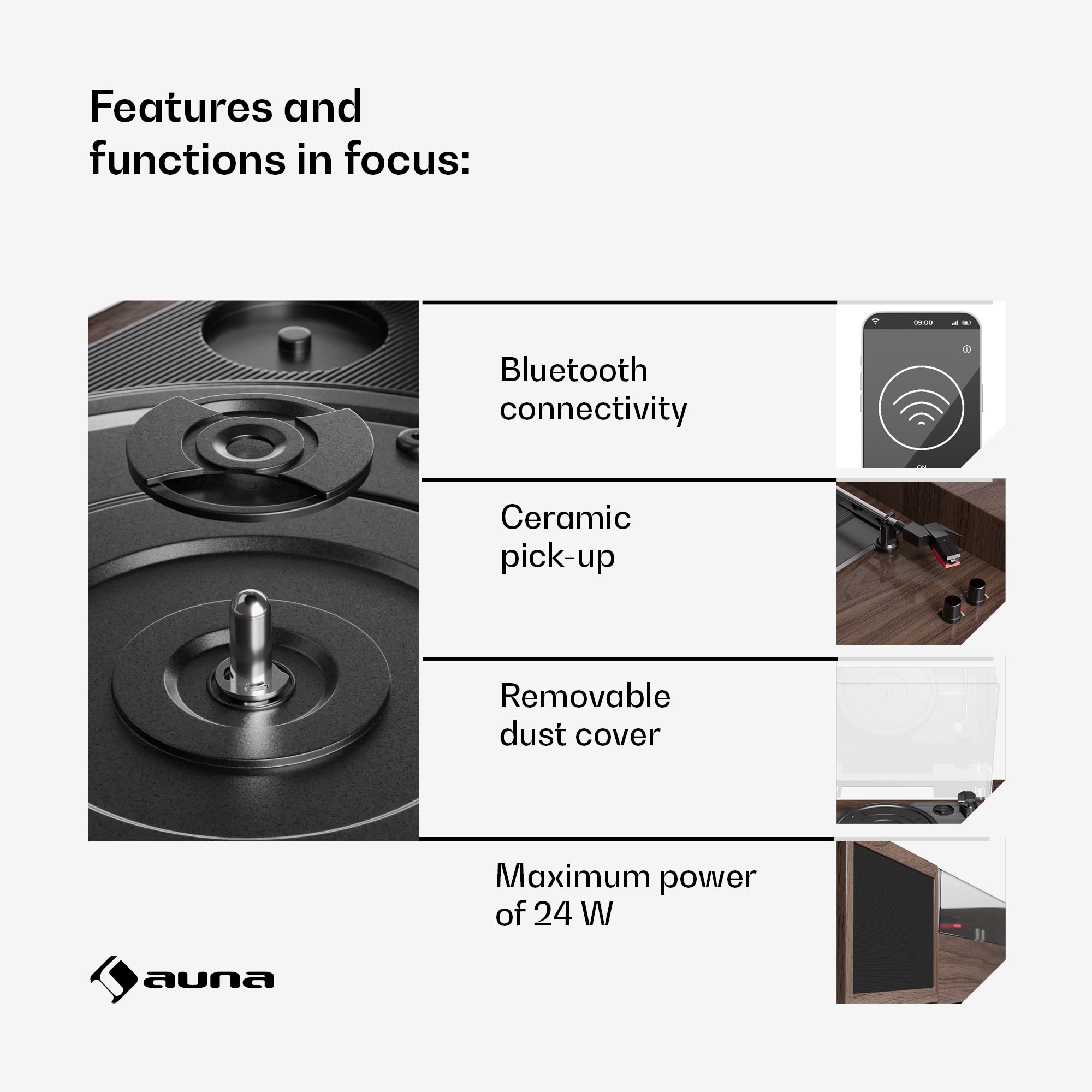 Auna TT-Play 2x10W BT RCA-Out 3-rýchlostný gramofón, gramofón, 3-rýchlostný, Bluetooth