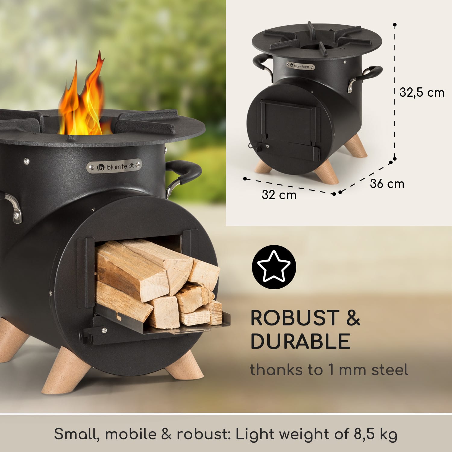 Blumfeldt Oshima Rocket Stove Camping Stove šetrný k životnému prostrediu mobilná oceľ – Obrázok 2
