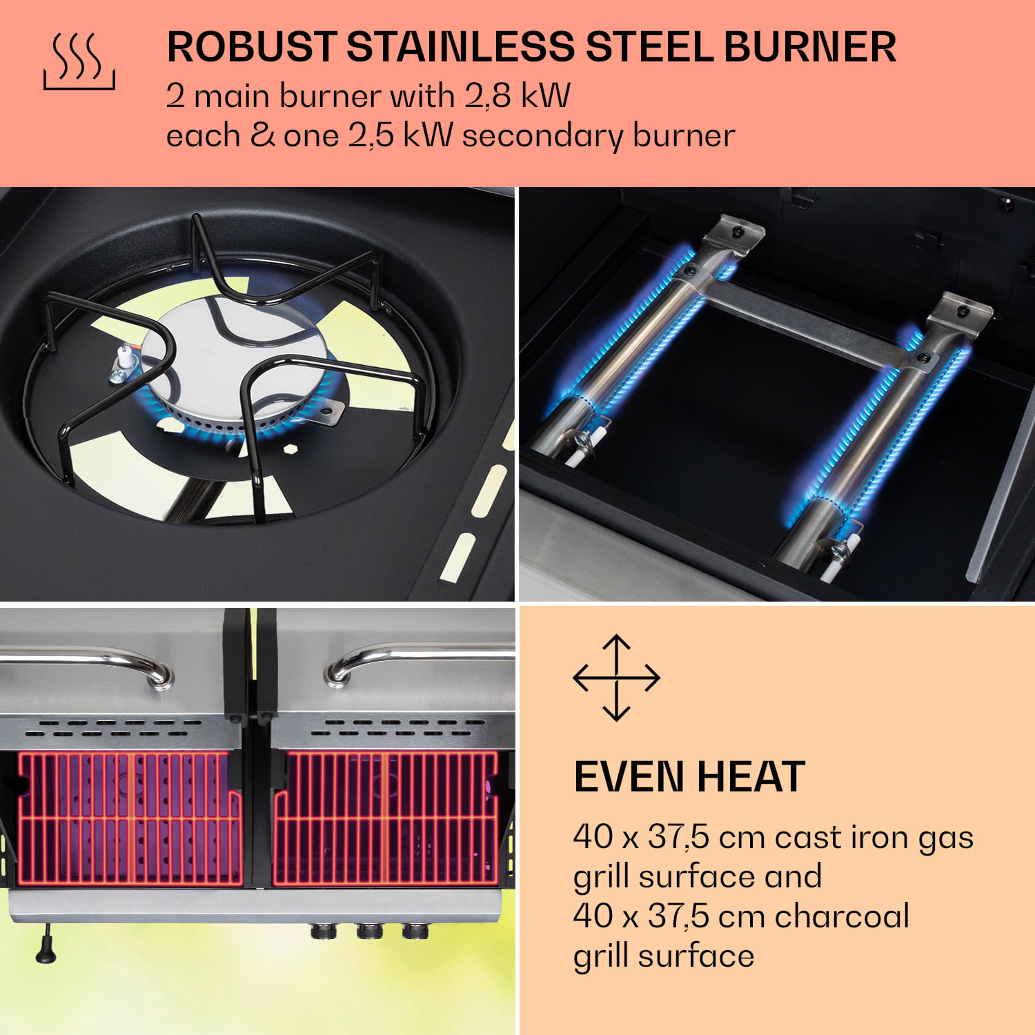 Klarstein Kingsville, kombinovaný gril, plyn + uhlie, 8,1kW, 2+1 horák, výškovo nastaviteľný – Obrázok 2