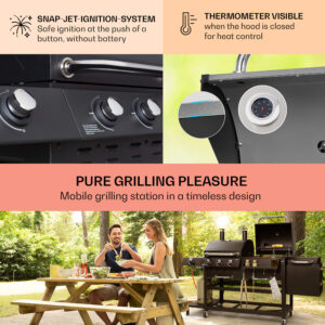 Klarstein Kingsville Smoker, kombinovaný gril, plyn, uhlie, udiarenská pec na uhlie, 13,5 kW, 3+1 horáky, čierna