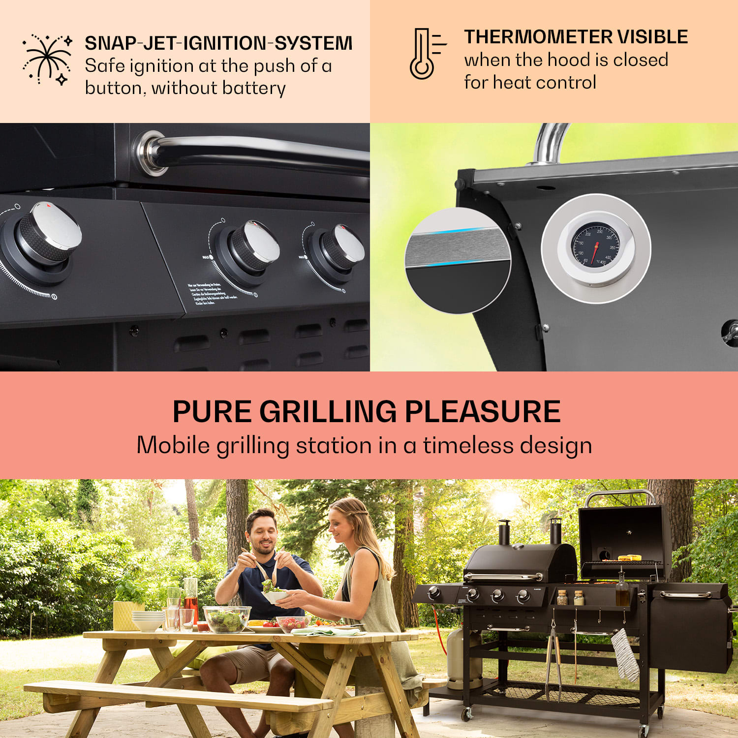 Klarstein Kingsville Smoker, kombinovaný gril, plyn, uhlie, udiarenská pec na uhlie, 13,5 kW, 3+1 horáky, čierna