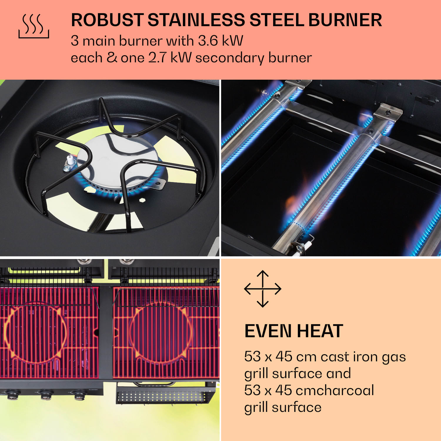 Klarstein Kingsville Smoker, kombinovaný gril, plyn, uhlie, udiarenská pec na uhlie, 13,5 kW, 3+1 horáky, čierna – Obrázok 2