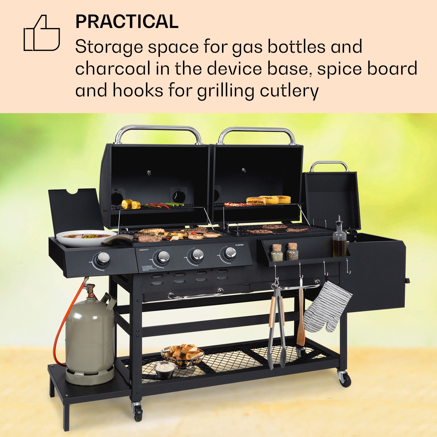 Klarstein Kingsville Smoker, kombinovaný gril, plyn, uhlie, udiarenská pec na uhlie, 13,5 kW, 3+1 horáky, čierna – Obrázok 3