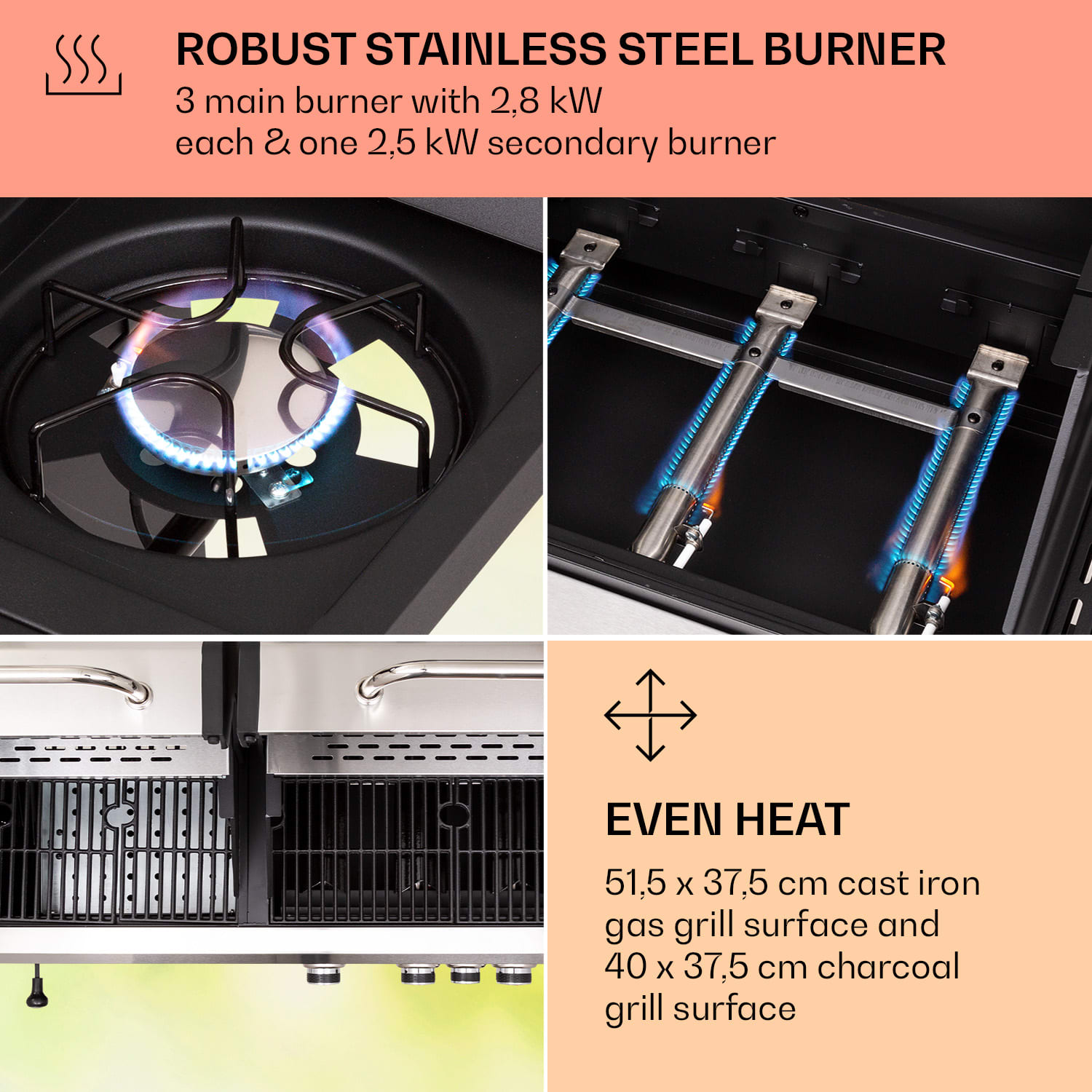 Klarstein Kingsville 3.1, kombinovaný gril plyn + uhlie, 10,9 kW, 3+1 horáky, výškovo nastaviteľný – Obrázok 2