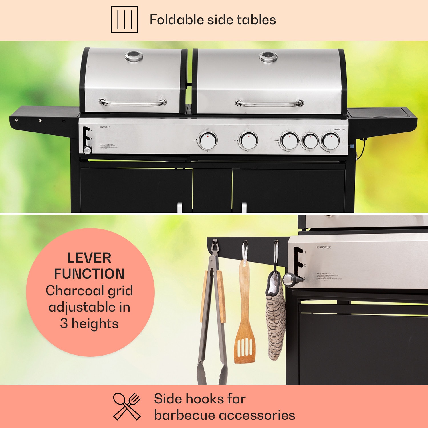 Klarstein Kingsville 4.1, kombinovaný gril plyn + uhlie, 13,7 kW, 4+1 horáky, výškovo nastaviteľný – Obrázok 3