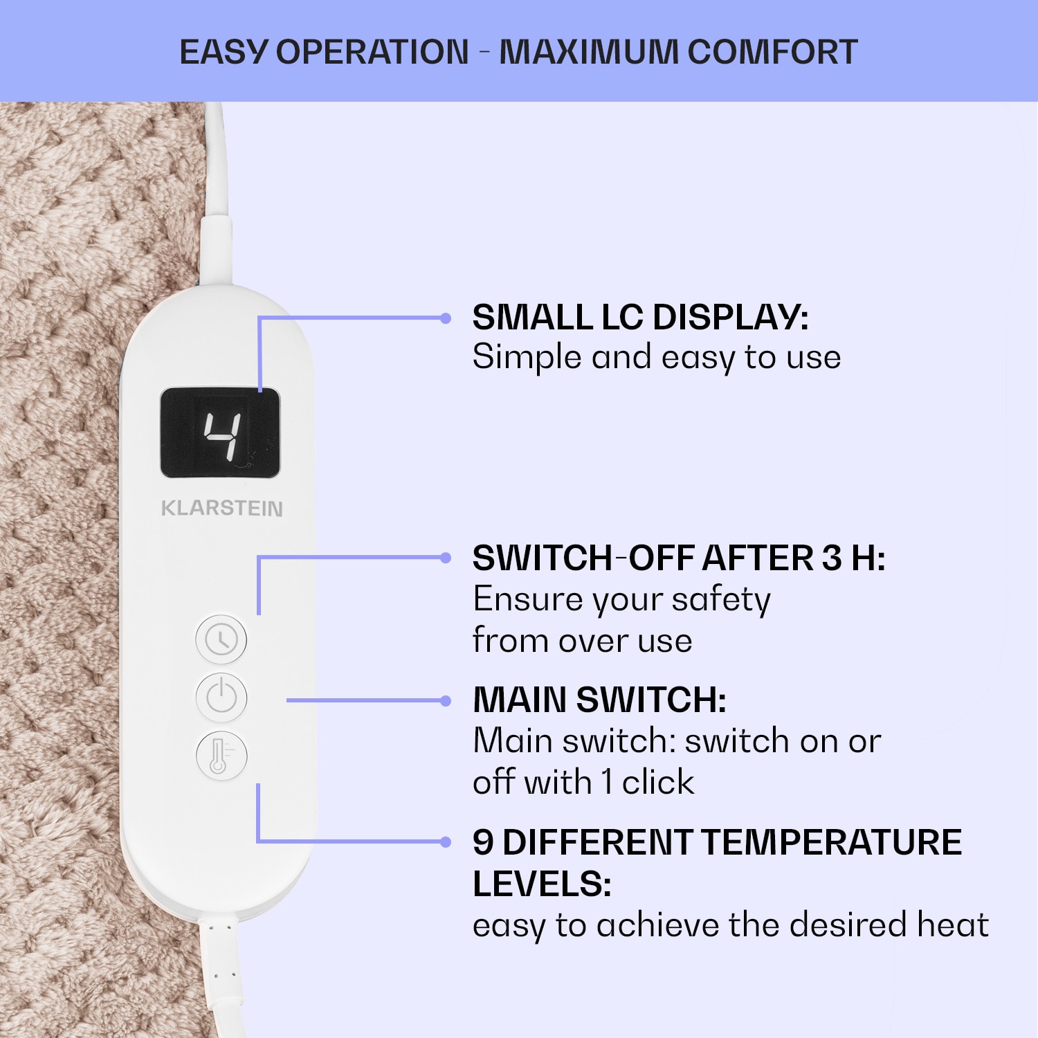 Klarstein DR Watson Deluxe XXL, elektrická deka, 160 W, 9 úrovní ohrevu, 200 x 180 cm – Obrázok 3