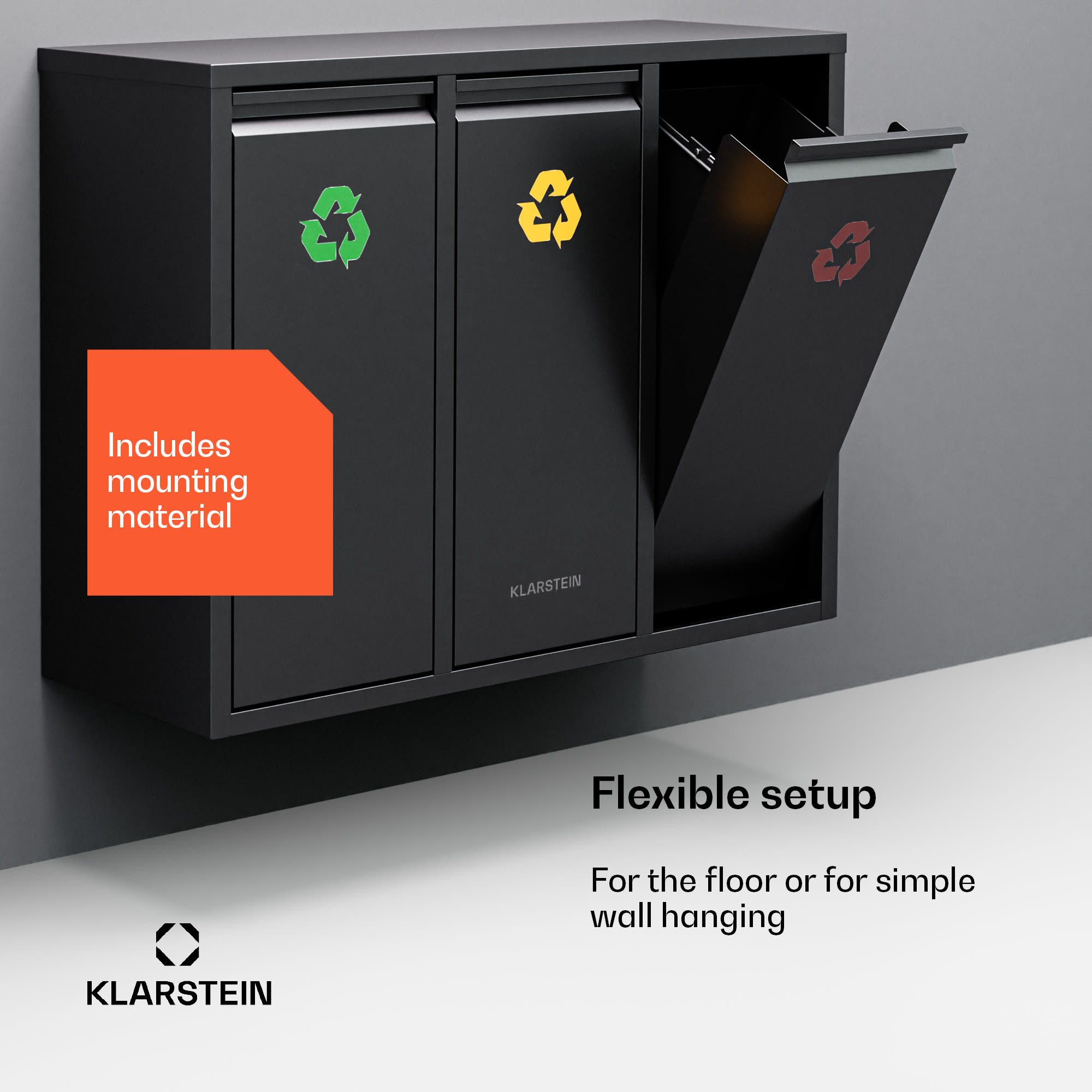 Klarstein Ordnungshüter 3, odpadkový kôš, 45 litrov, 3 recyklačné koše, nástenná inštalácia