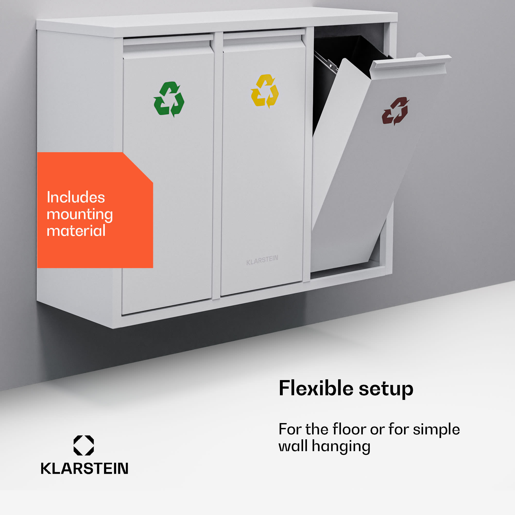 Klarstein Ordnungshüter 3, odpadkový kôš, 45 litrov, 3 recyklačné koše, nástenná inštalácia