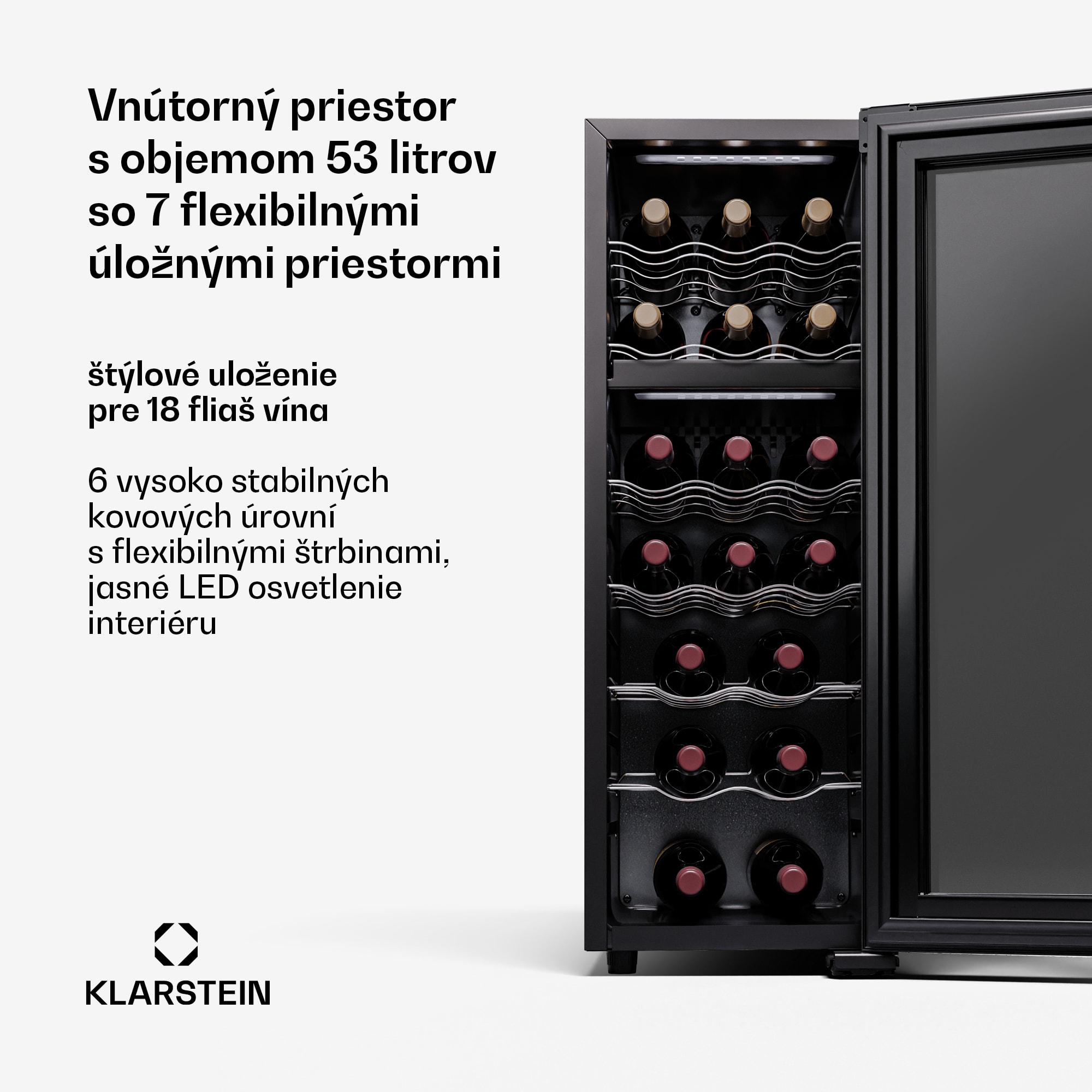 Klarstein Shiraz 18 Duo, chladnička na víno, 2 zóny, 53 l/18 fliaš, 5-18 / 5-18 °C, dotykové ovládanie