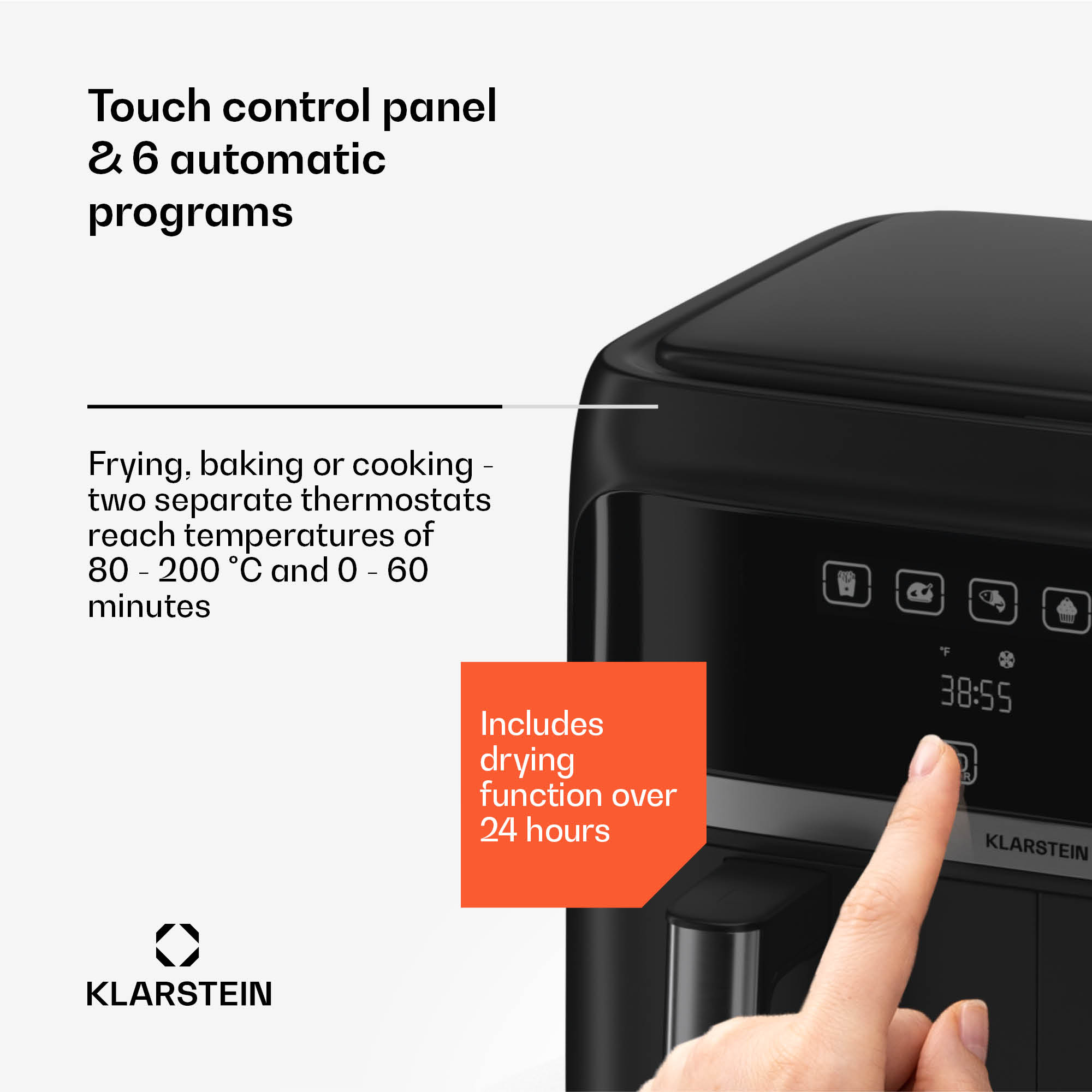 Klarstein VitaFry Duo Skylight, teplovzdušná fritéza, 2850 W, 7,6 l, 2 varné zóny, 6 programov – Obrázok 3