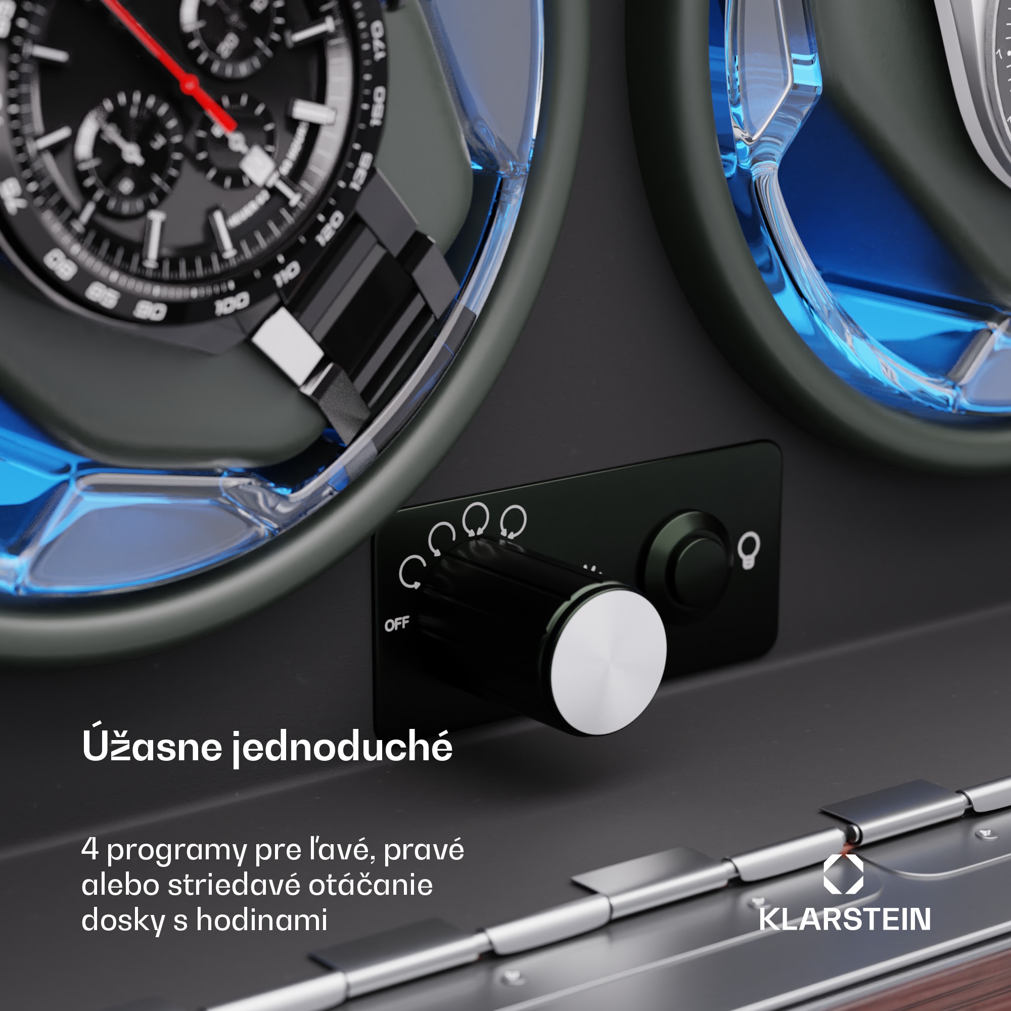 Klarstein Brienz 2, naťahovač hodiniek, 2 hodinky, 4 režimy, drevený vzhľad, modré vnútorné osvetlenie, priehradka na šperky – Obrázok 2