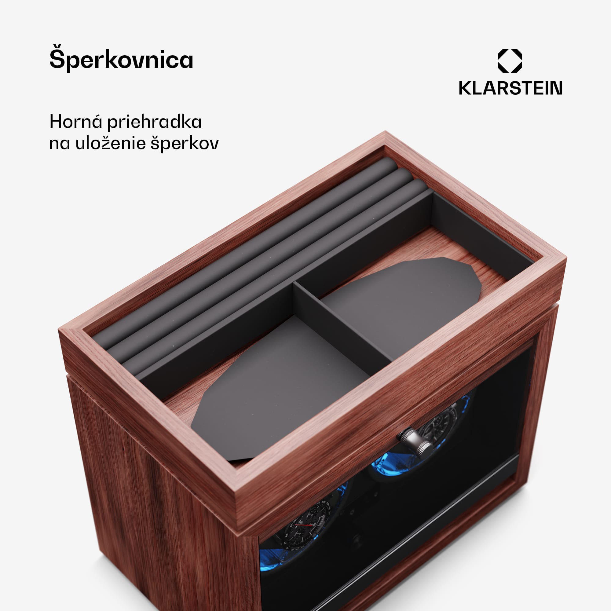 Klarstein Brienz 2, naťahovač hodiniek, 2 hodinky, 4 režimy, drevený vzhľad, modré vnútorné osvetlenie, priehradka na šperky – Obrázok 3