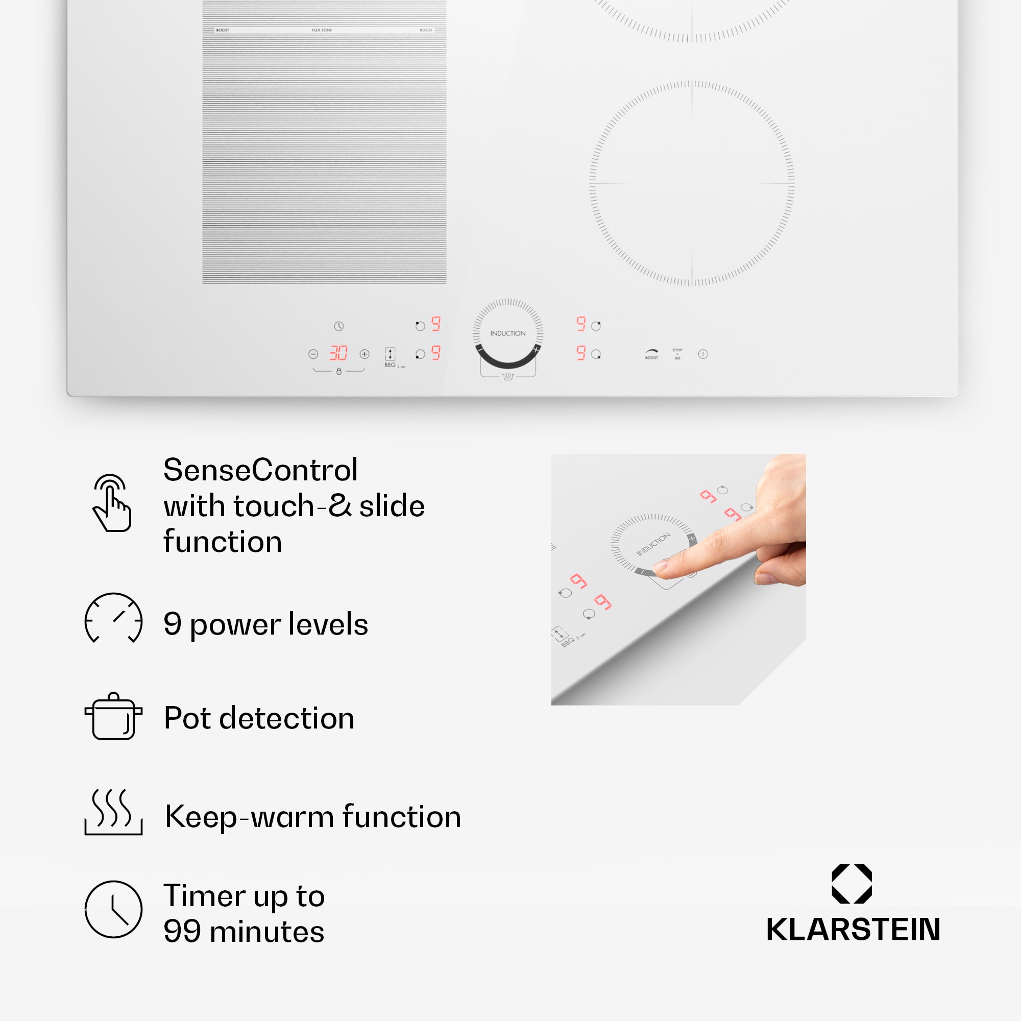 Klarstein Delicatessa 70 Hybrid, vstavaná indukčná varná doska, 4 zóny, 7000 W, sklokeramika – Obrázok 3