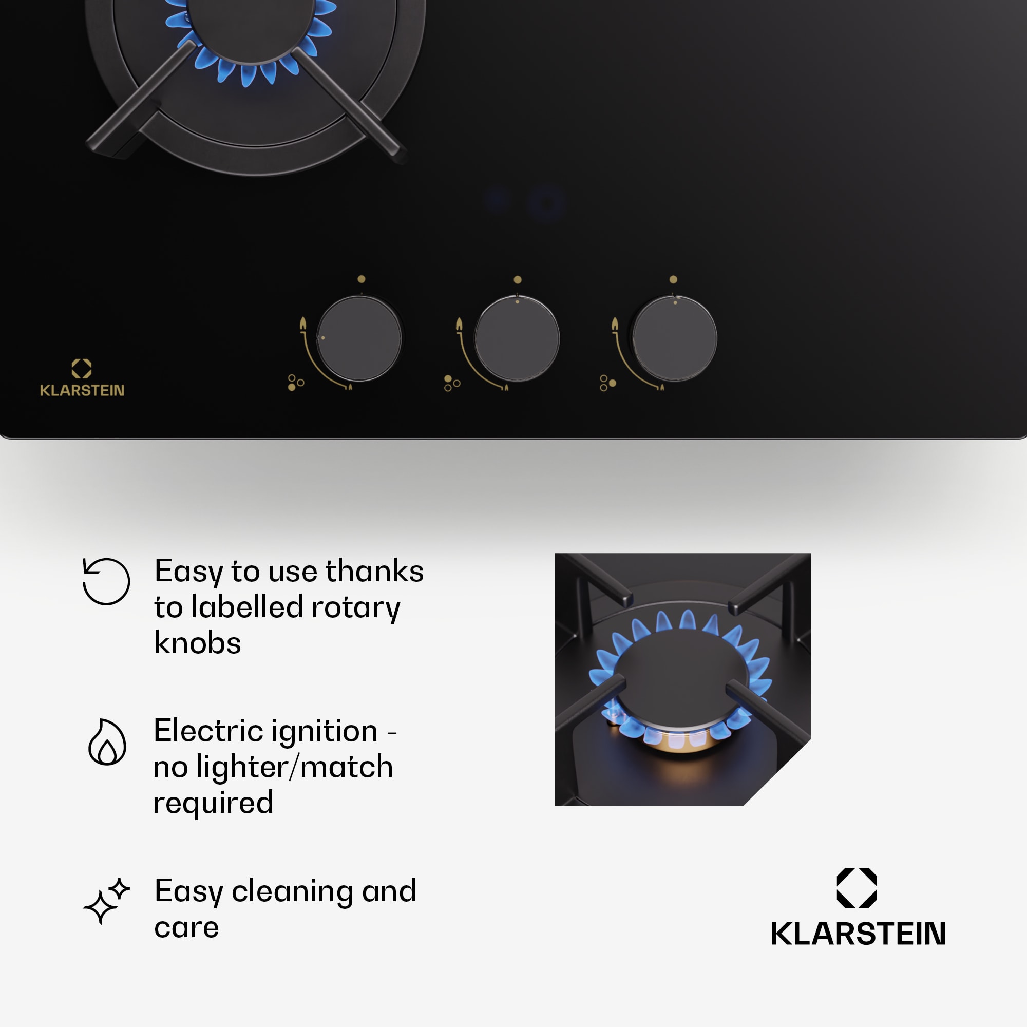 Klarstein Goldflame Domino, plynová varná doska, 3 mosadzné horáky, nehrdzavejúca oceľ – Obrázok 2