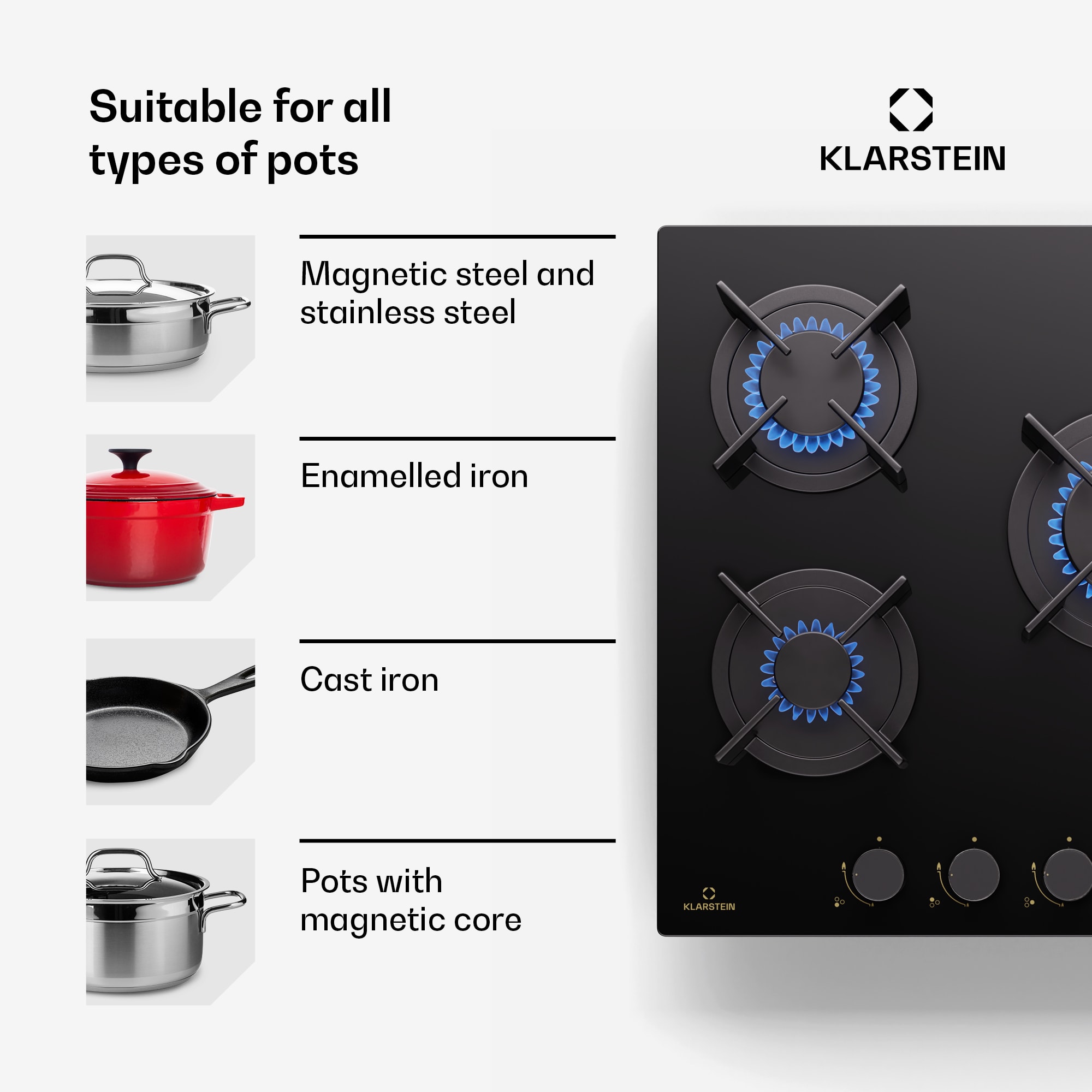 Klarstein Goldflame Domino, plynová varná doska, 3 mosadzné horáky, nehrdzavejúca oceľ – Obrázok 3