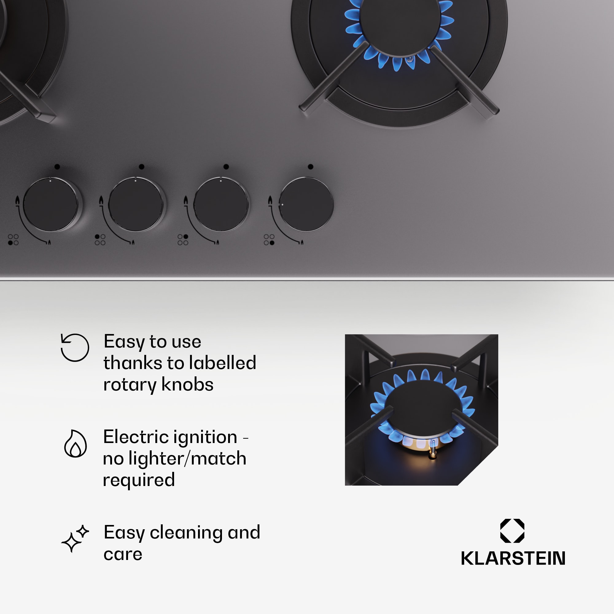 Klarstein Goldflame 4, plynová varná doska, 4 horáky, sebestačná, zemný plyn/propán, nehrdzavejúca oceľ – Obrázok 2