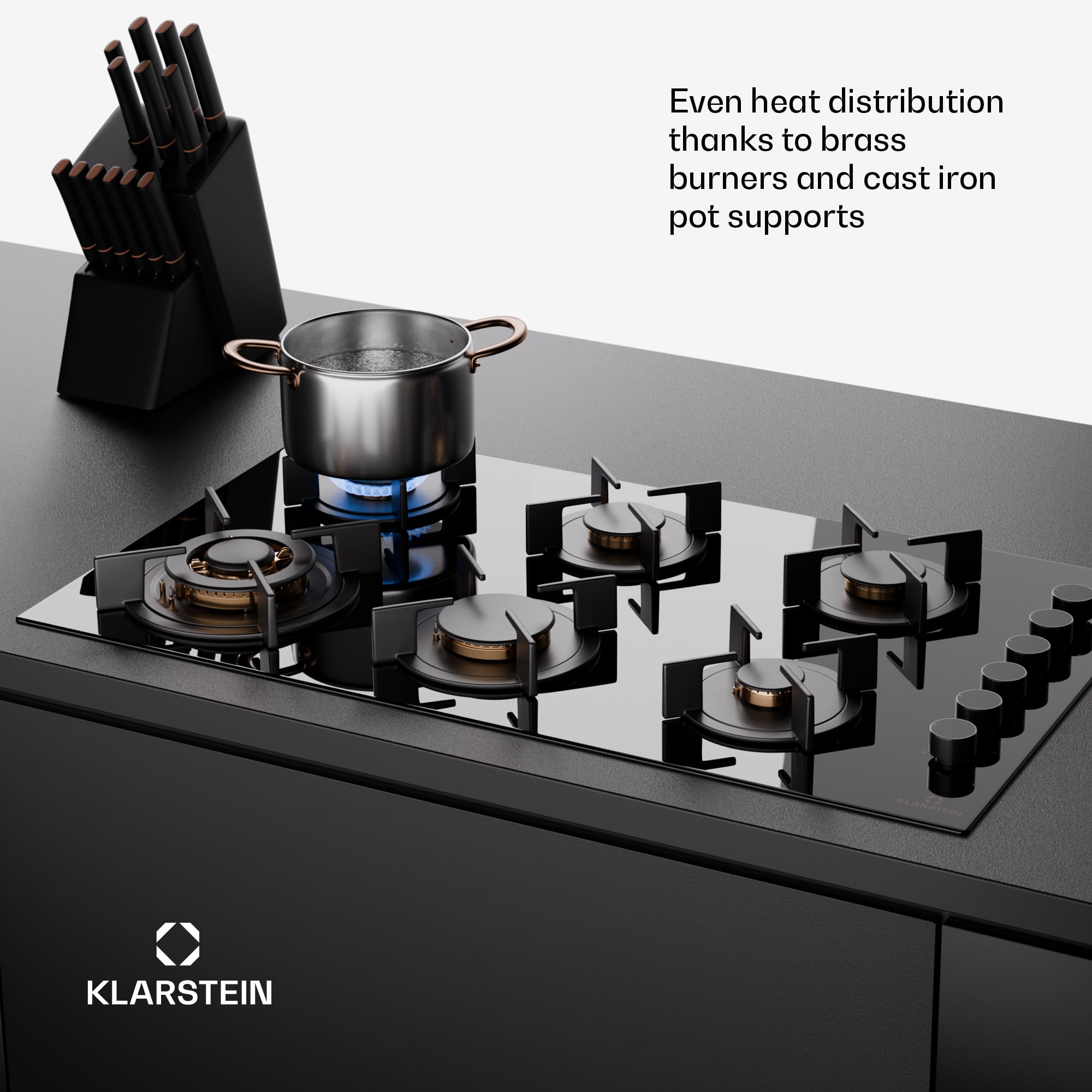 Klarstein Goldflame 6, plynová varná doska, sebestačná, 6 horákov, bočné ovládanie, plyn/propán, sklokeramika, čierna