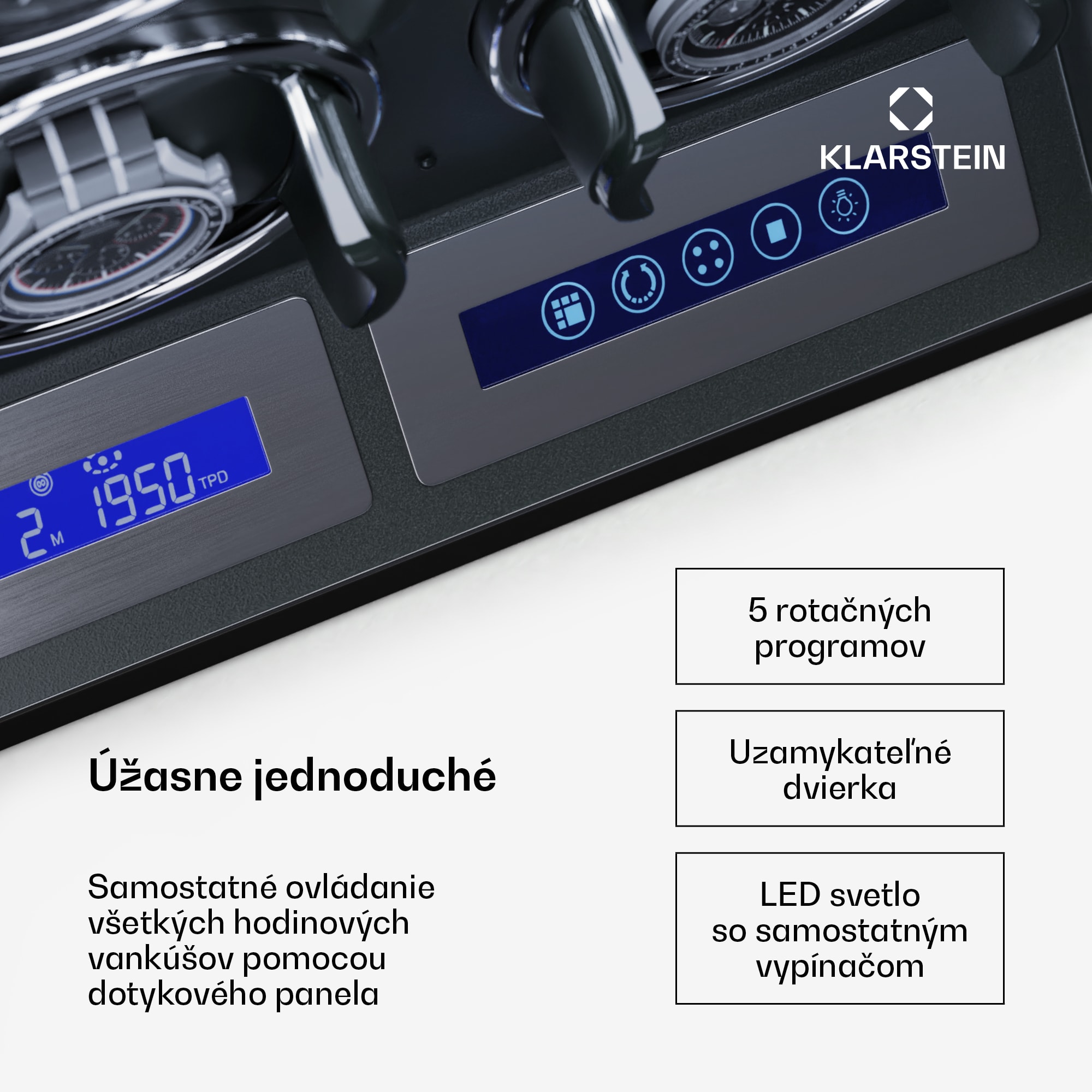 Klarstein Sarthe 6, naťahovač hodiniek, na 6 hodiniek, 5 režimov otáčania, LED osvetlenie, dotýkové ovládanie, diaľkové ovládanie – Obrázok 2