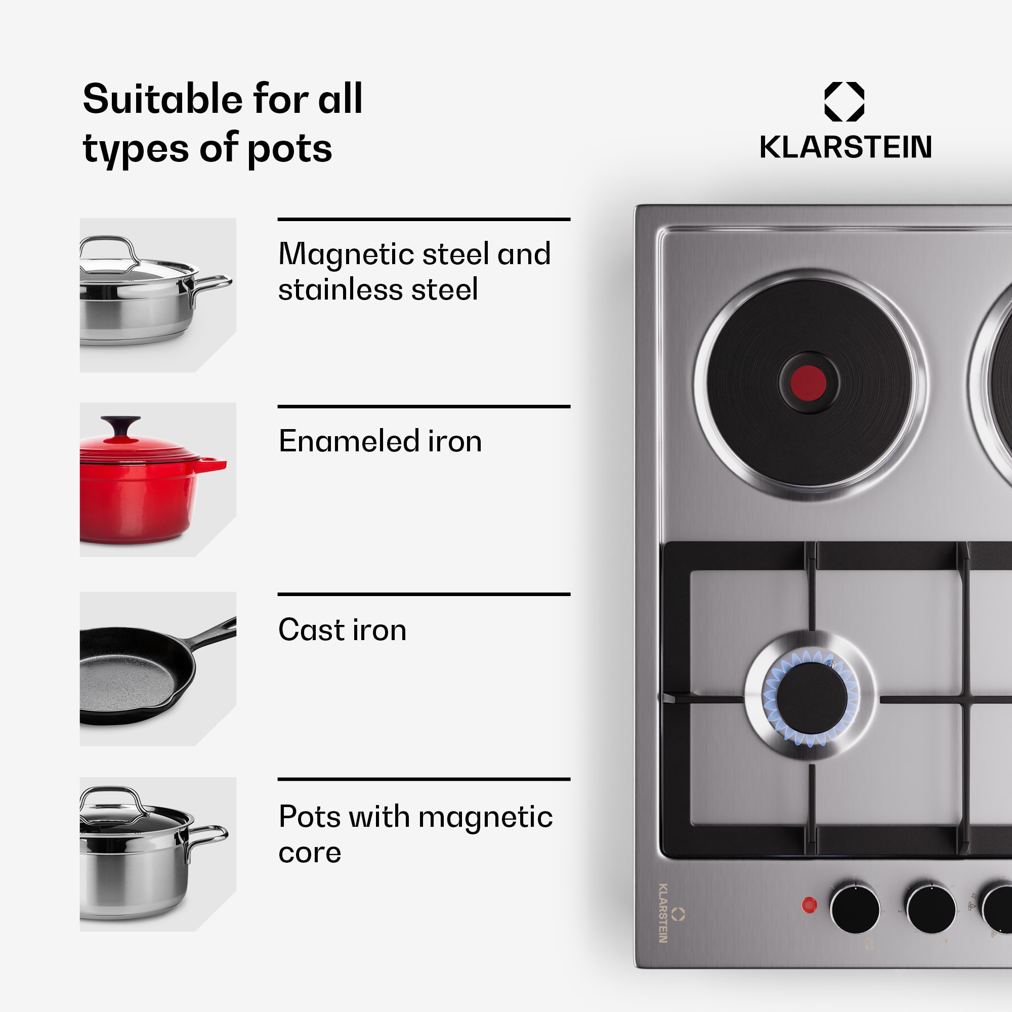 Klarstein MultiChef 4 Hot Plate, elektrická a plynová varná doska, 4 varné zóny, 2 horáky, 2 elektrické platne – Obrázok 3