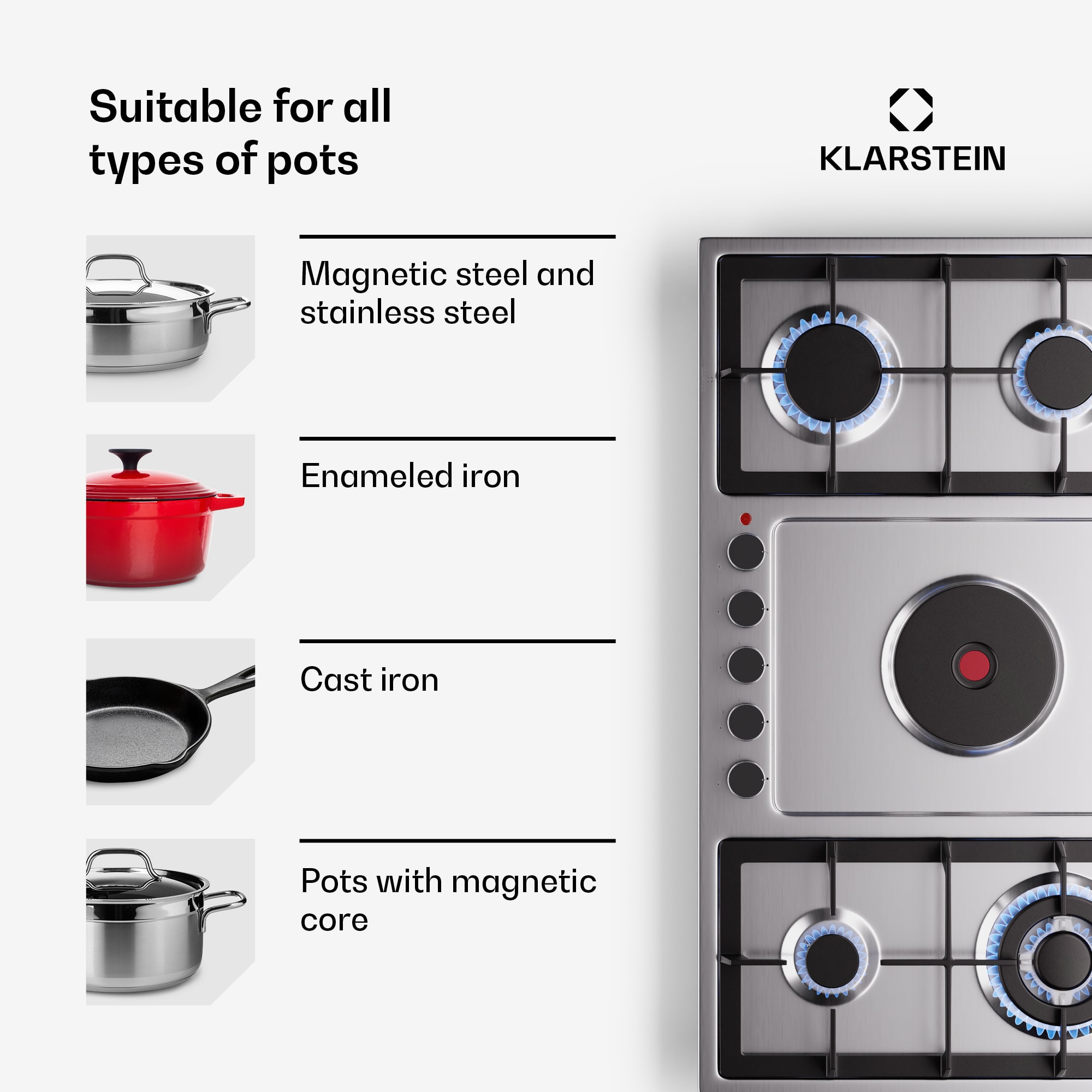 Klarstein MultiChef 5 Hot Plate, elektrická a plynová varná doska, 5 varných zón, 4 horáky, 1 elektrická platňa – Obrázok 3