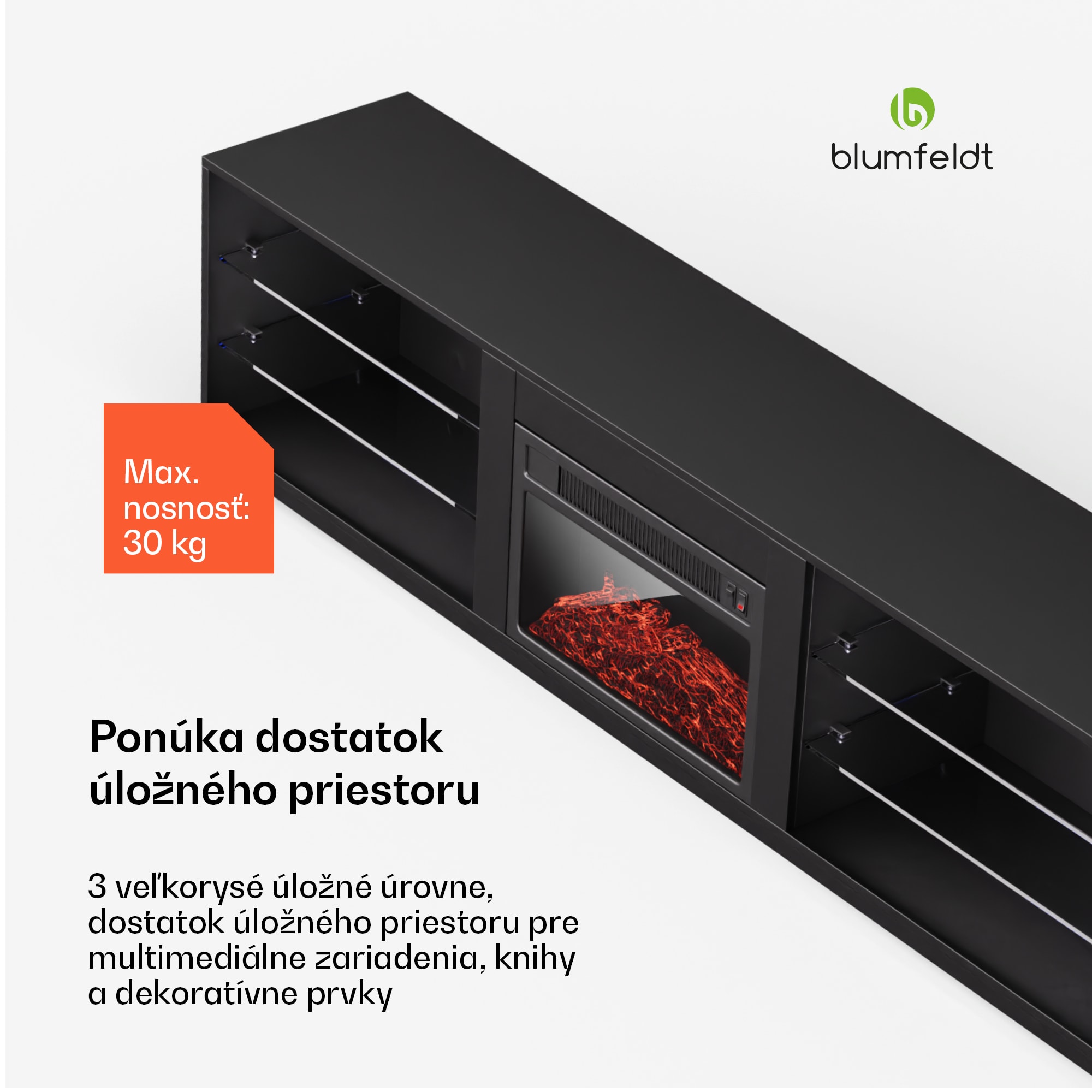 Blumfeldt Perth Medium Lowboard TV skrinka s elektrickým krbom, 160 x 40 x 30 cm, LED