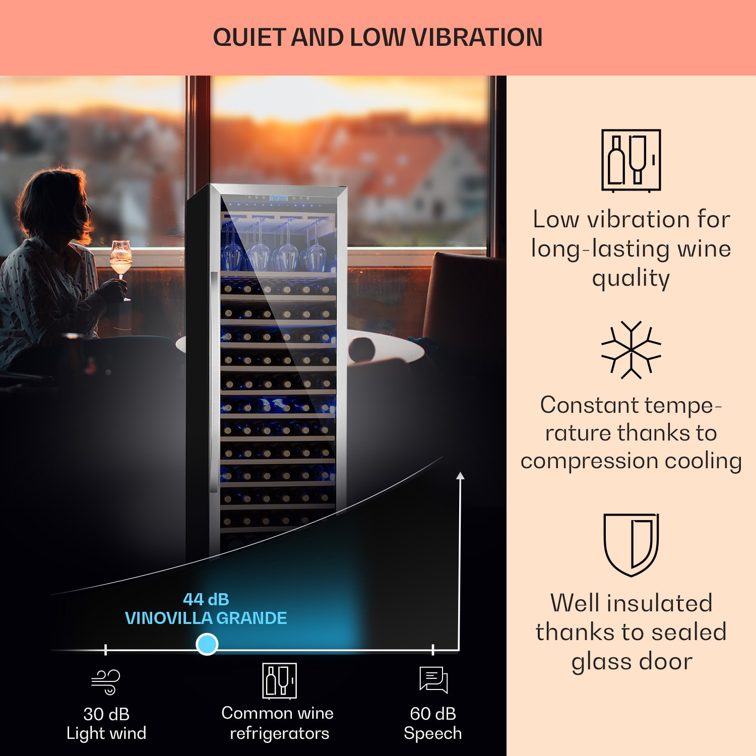 Klarstein Vinovilla Grande 165 Built-in Uno, chladnička na víno, 425 l, 165 fl. Sklenené dvere