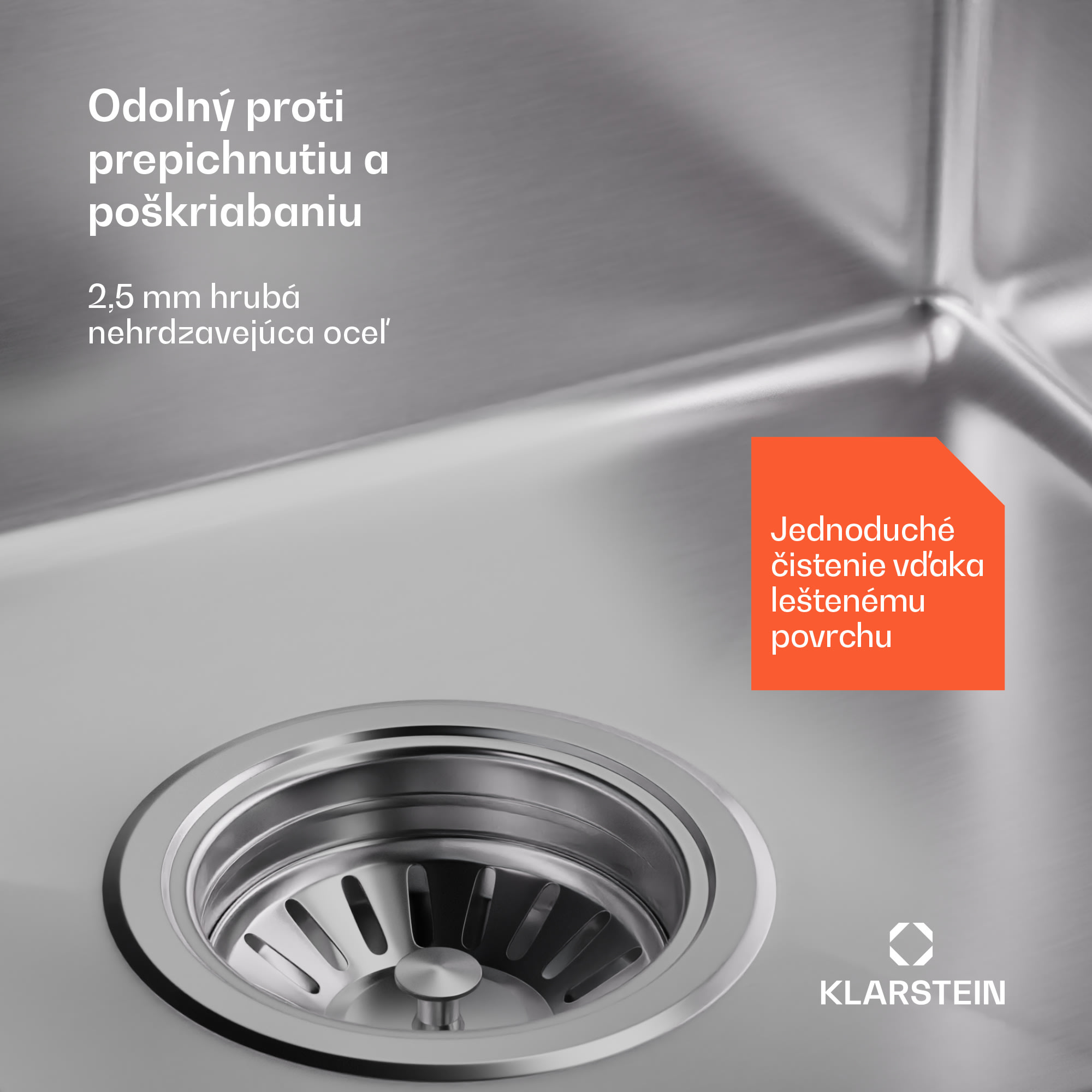 Klarstein TitanSteel Kuchynský drez 45 x 39 cm (DxŠ) s povrchom odolný voči hrdzi, poškriabaniu a teplu