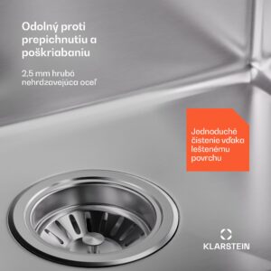 Klarstein TitanSteel Kuchynský drez 45 x 45 cm (DxŠ) s povrchom odolný voči hrdzi, poškriabaniu a teplu