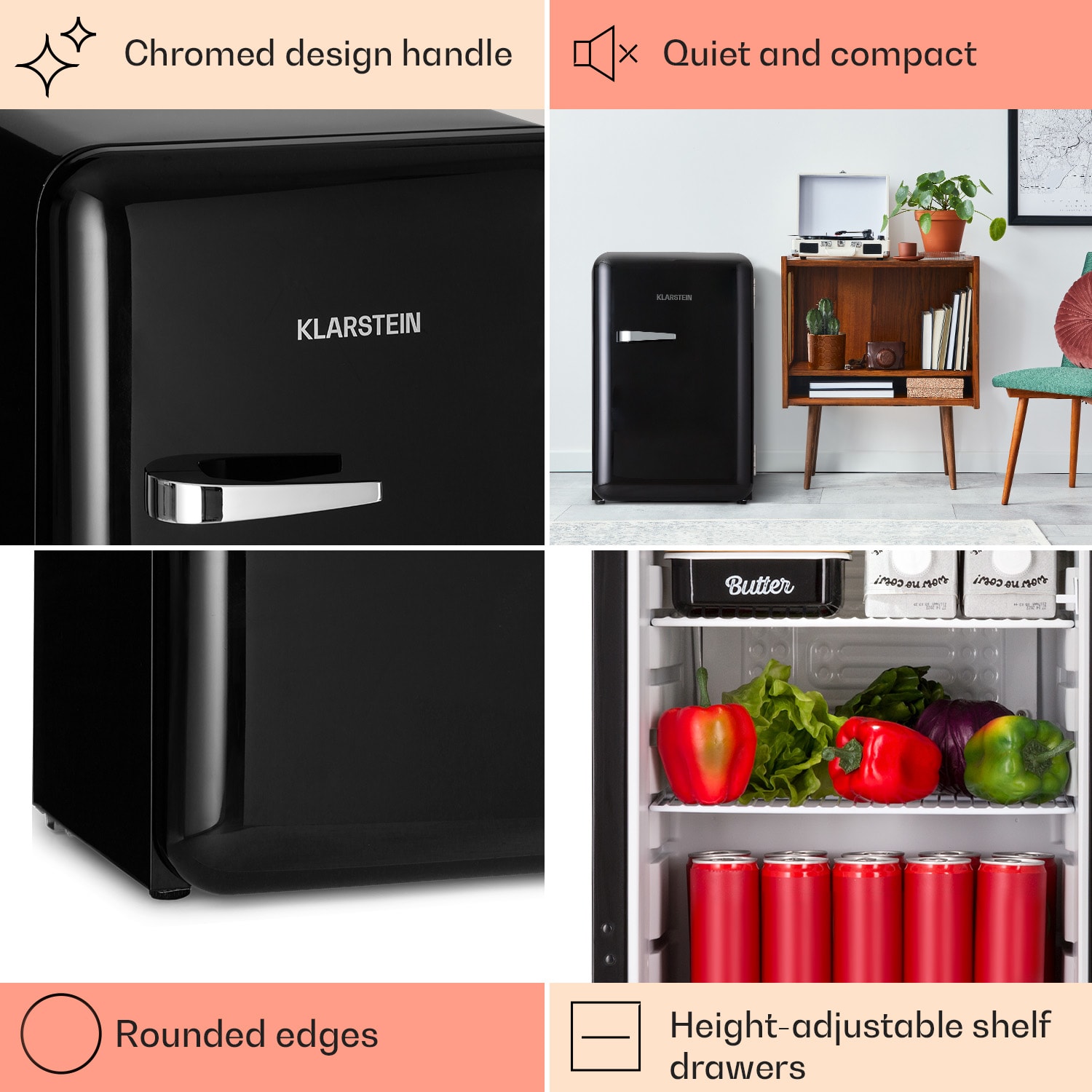 Klarstein Audrey, retro chladnička, 70 l, 3 police, 2 priehradky vo dverách, vnútorné osvetlenie