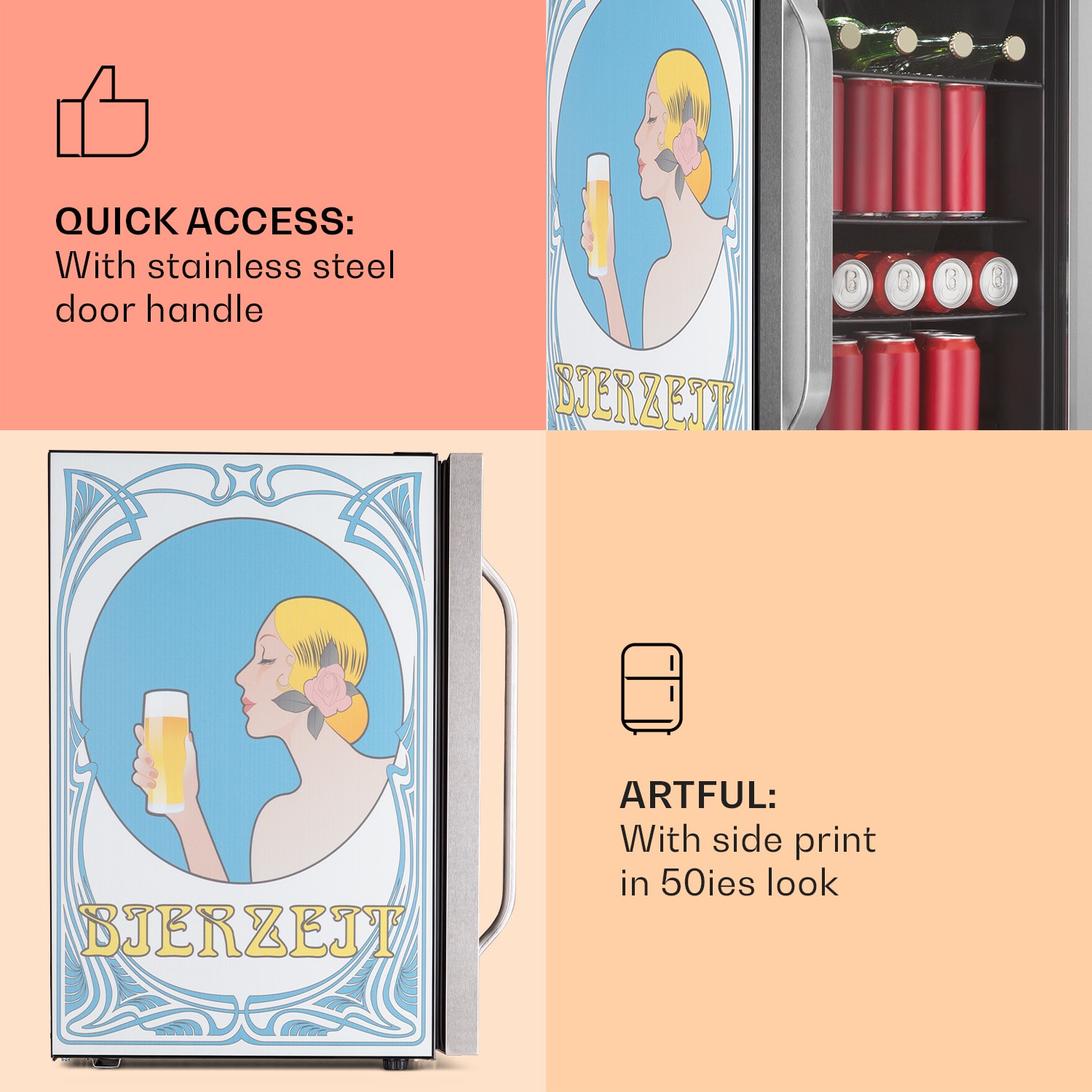 Klarstein Beersafe 70 Bierzeit Edition, chladnička, 70 litrov, 3 police, panoramatické sklenené dvere, nehrdzavejúca oceľ