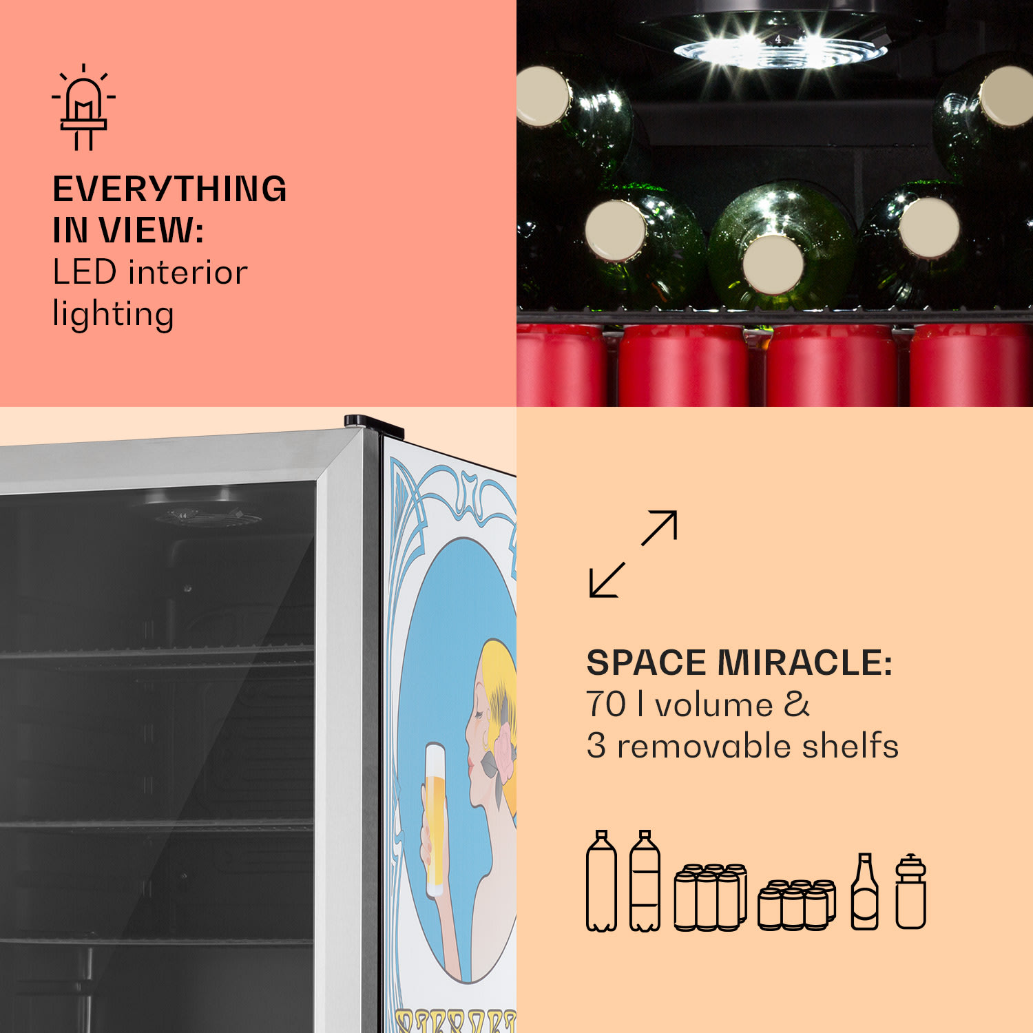 Klarstein Beersafe 70 Bierzeit Edition, chladnička, 70 litrov, 3 police, panoramatické sklenené dvere, nehrdzavejúca oceľ – Obrázok 2