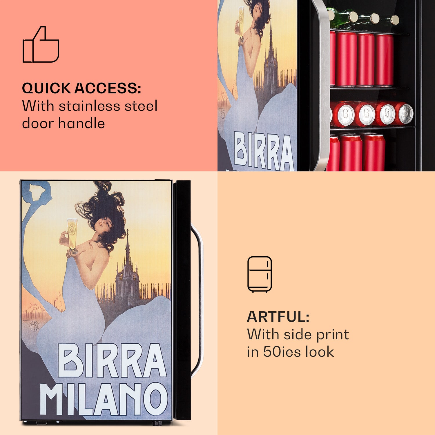 Klarstein Beersafe 70 Birra Milano Edition, chladnička, 70 litrov, 3 police, panoramatické sklenené dvere, nerezová oceľ