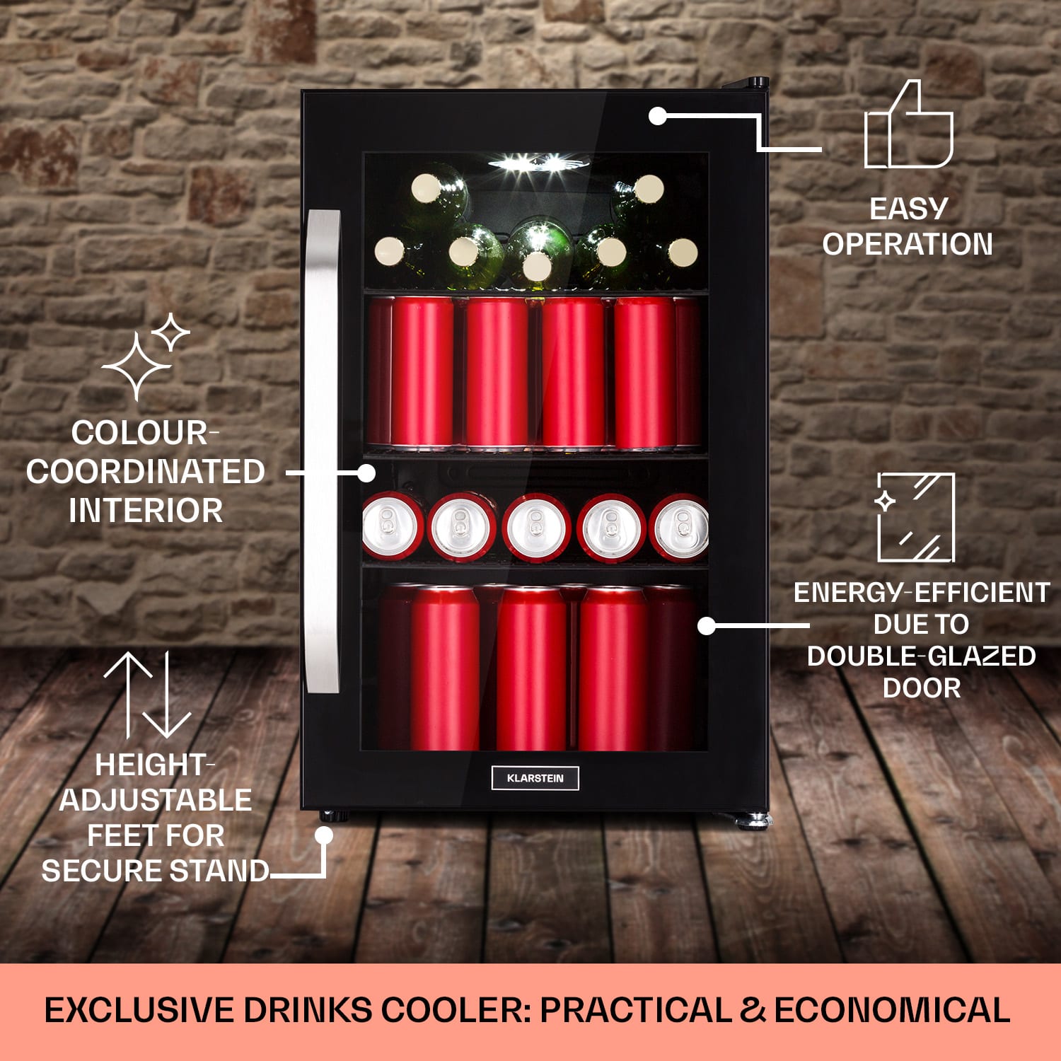 Klarstein Beersafe 70 Birra Milano Edition, chladnička, 70 litrov, 3 police, panoramatické sklenené dvere, nerezová oceľ – Obrázok 3