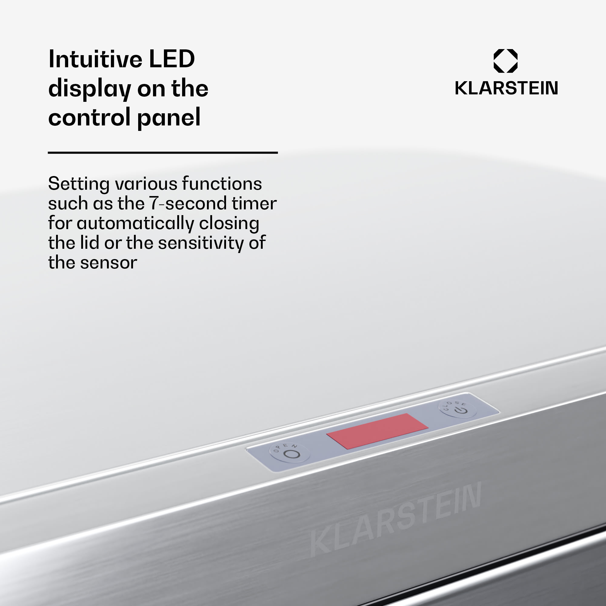 Klarstein Touchless, senzorový odpadkový kôš, 50 l, z nehrdzavejúcej ocele, Soft-Close zatváranie, napájaný batériou, LED displej, časovač